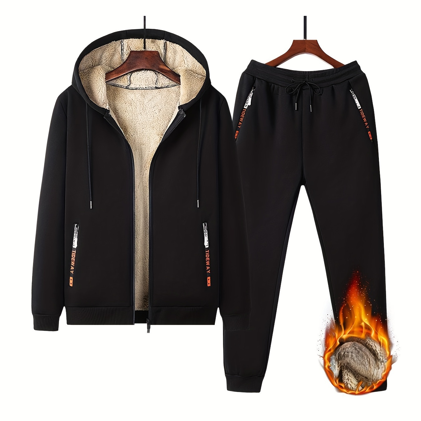 

2pcs Men' Color Thermal Fleece Lining Hooded Long Sleeve Jacket + Jogger Pants Co-ord Set, Autumn And Winter Casual Comfy Warm Suit As Gift