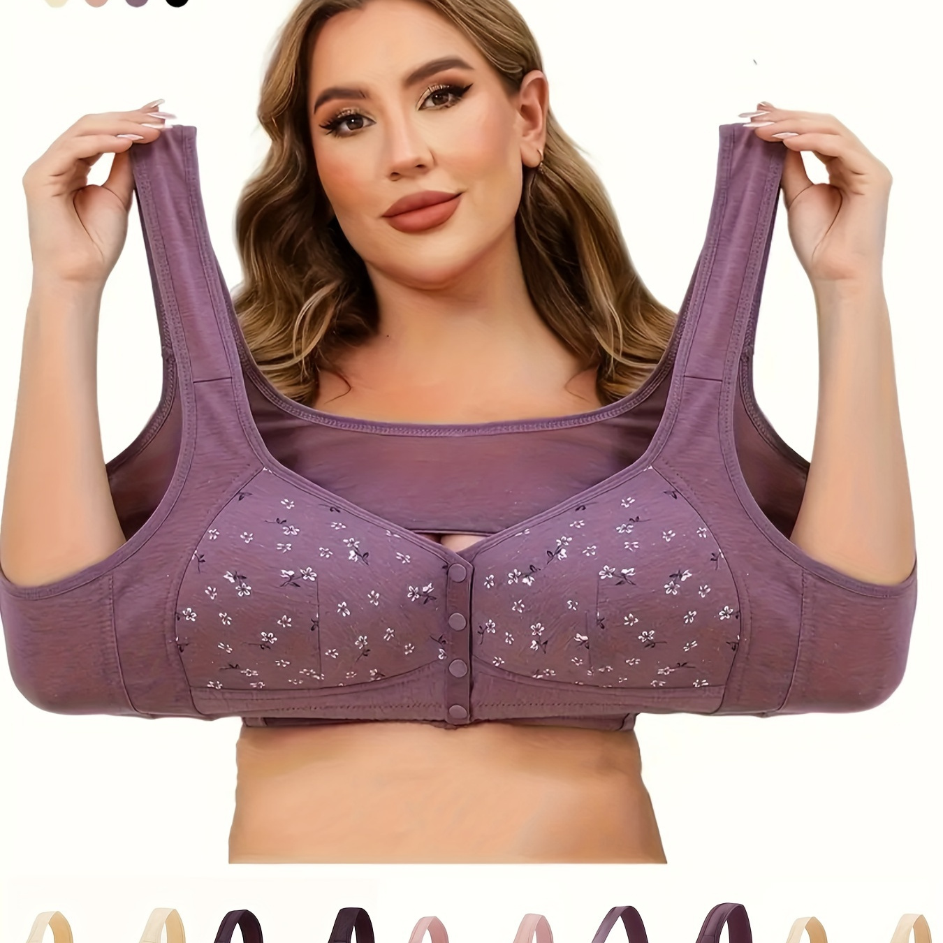 

5pcs Chenuliu Elegant Daisy Bras For Mature Women - Breathable & Comfortable Full Support No-underwire Push-up Bra With Front Closure, Wide Back, V-neck In Assorted Colors (l-5xl), Plus Size Bra