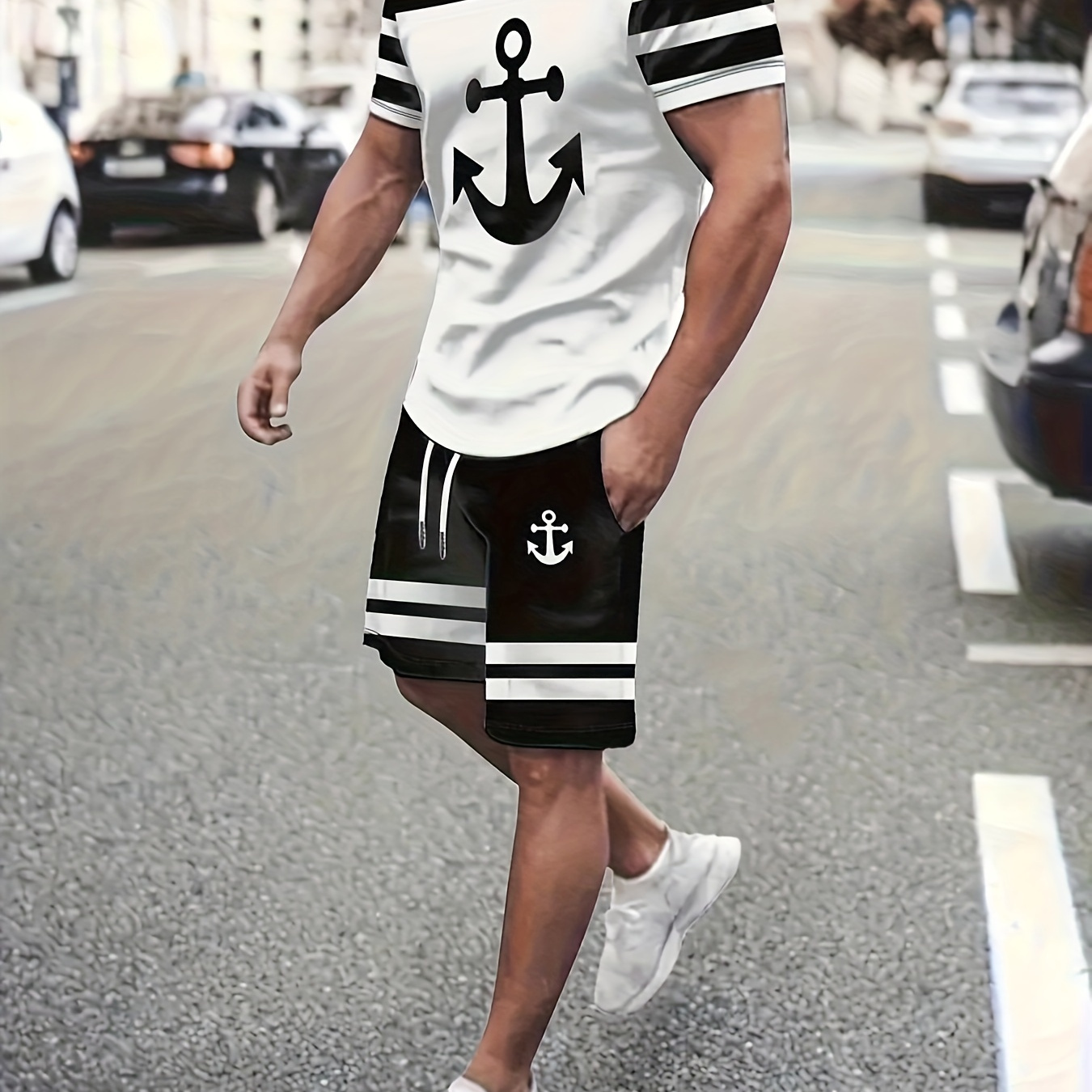 

Men's Outfit, Anchor Graphic Print Casual Striped Crew Neck Short Sleeve T-shirt & Drawstring Shorts 2-piece Set For Summer Outdoor Activities