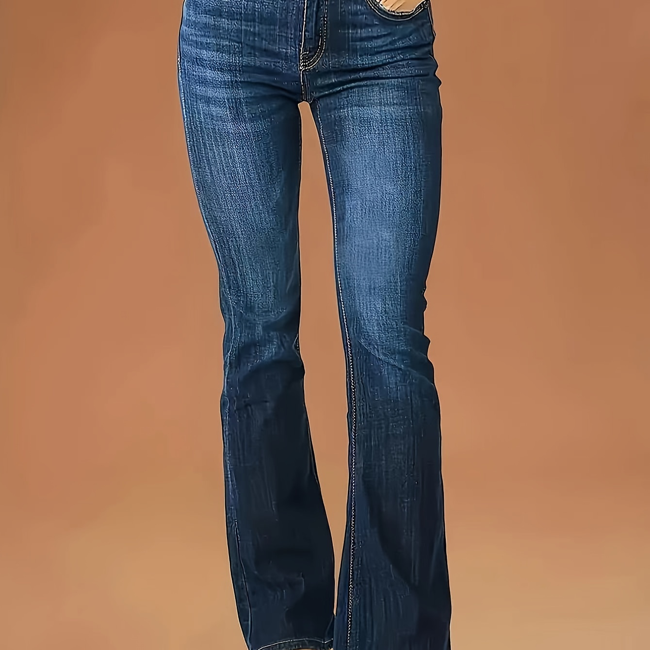 

Whiskering Washed Blue Flare Leg Jeans, Slash Pocket Elegant Bootcut Denim Pants, Women's Denim Jeans & Clothing