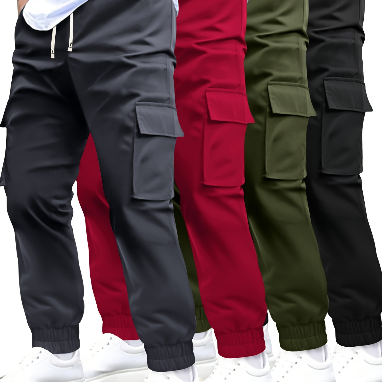 

4pcs Men' Color Cargo Pants, 100% Polyester Knit Fabric, Regular Fit With Multiple Pockets, Sports Style For Outdoor Activities And Casual Wear, Workwear