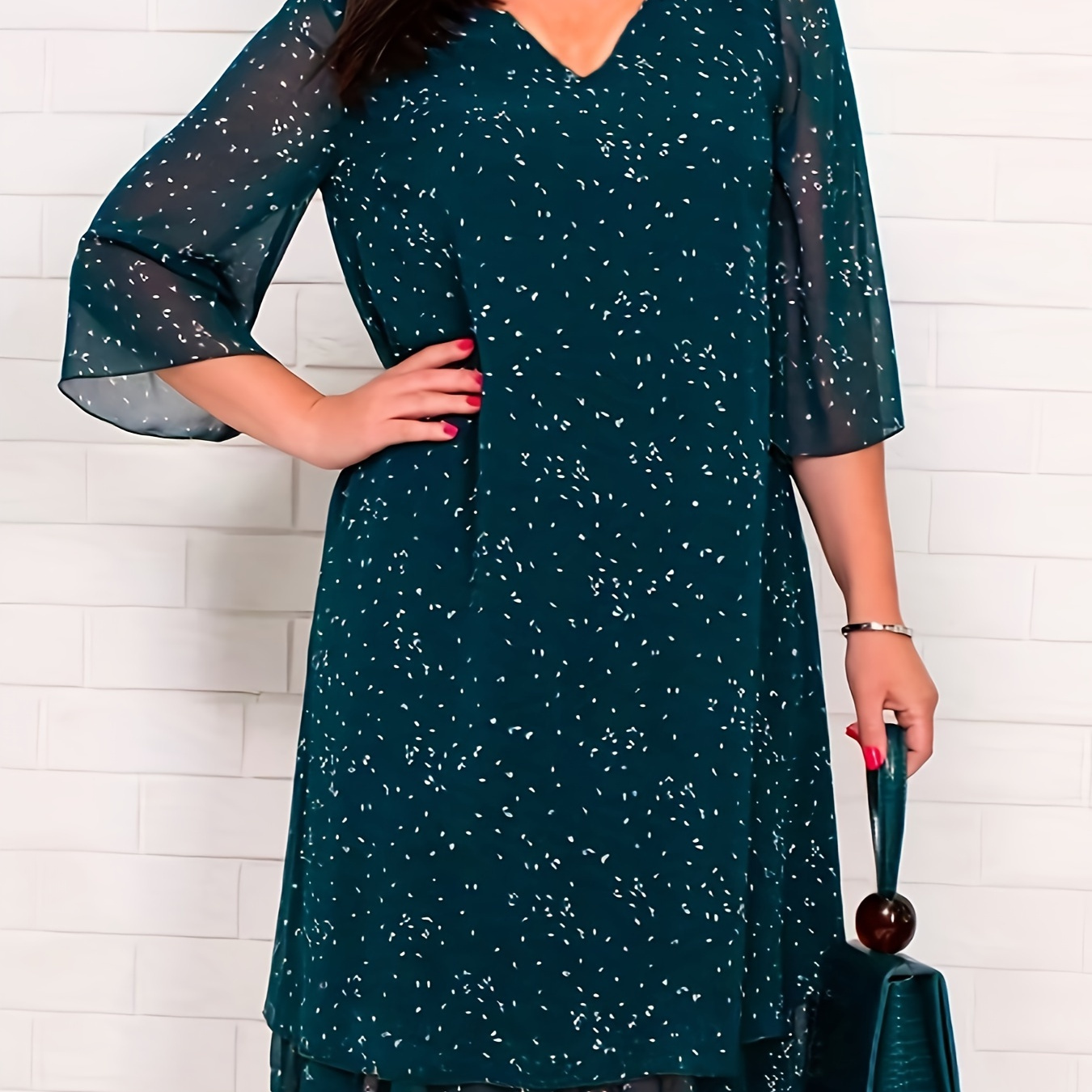 

Plus Size All Over Print V Neck Loose Dress, Elegant 3/4 Sleeve Dress For Spring & Summer, Women's Plus Size Clothing