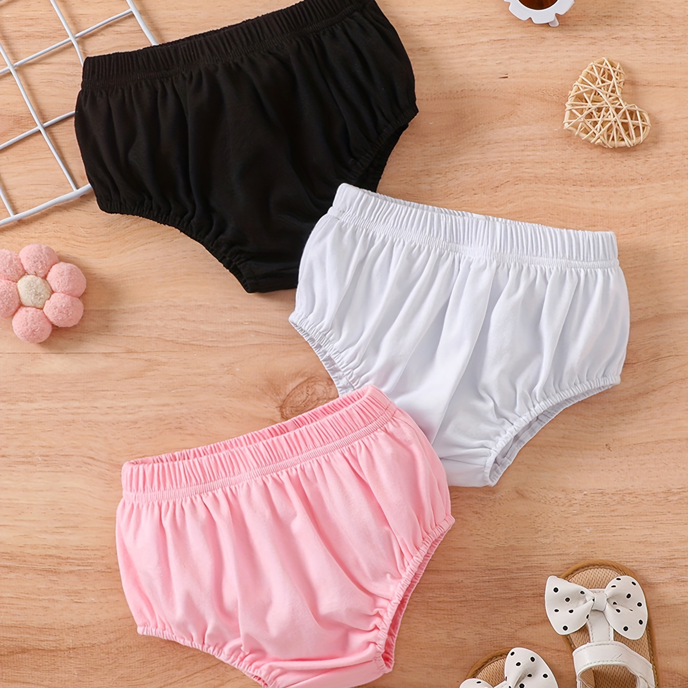 

3pcs Baby's Solid Color Comfy Cotton Shorts, Casual Elastic Waist Bloomers, Infant & Toddler Girl's Bottoms For Summer