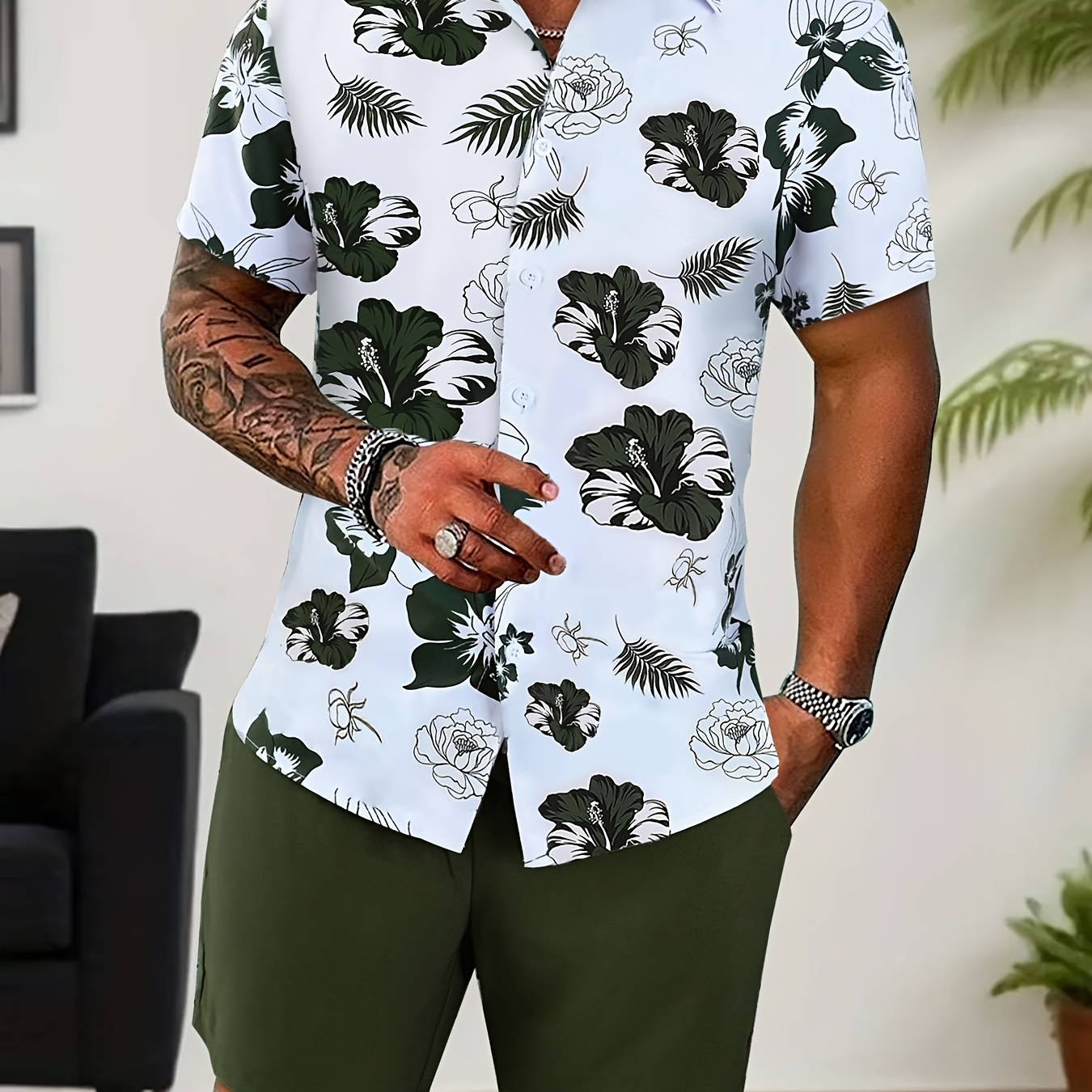 

Men's Trendy Casual Comfy Tees & Shorts, Leaves Print Lapel Short Sleeve T-shirt & Loose Shorts With Drawstring Pockets Home Pajamas Sets, Casual Sets For Summer