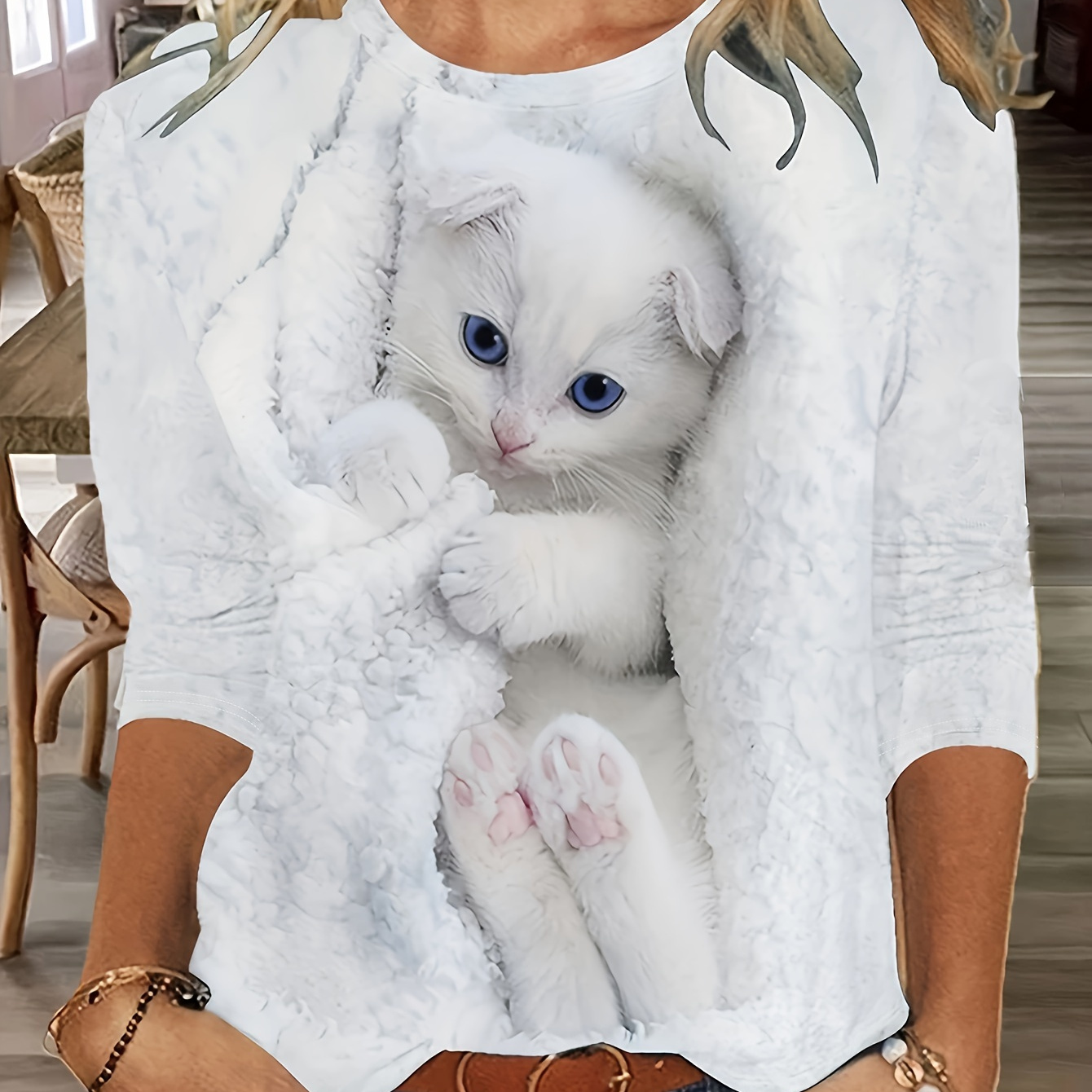 Cute White Cat Print T shirt Long Sleeve Crew Neck Casual Temu