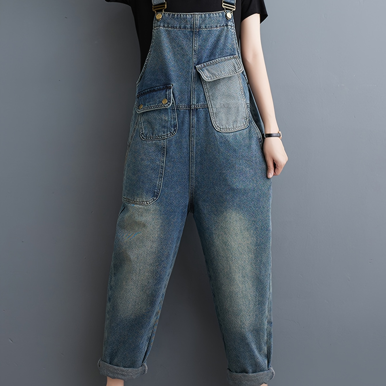 

Women's Spring Washed Casual Loose-fit Denim Overalls, Cropped Length Overall Suspender Denim Pants - Perfect For Fall & Winter