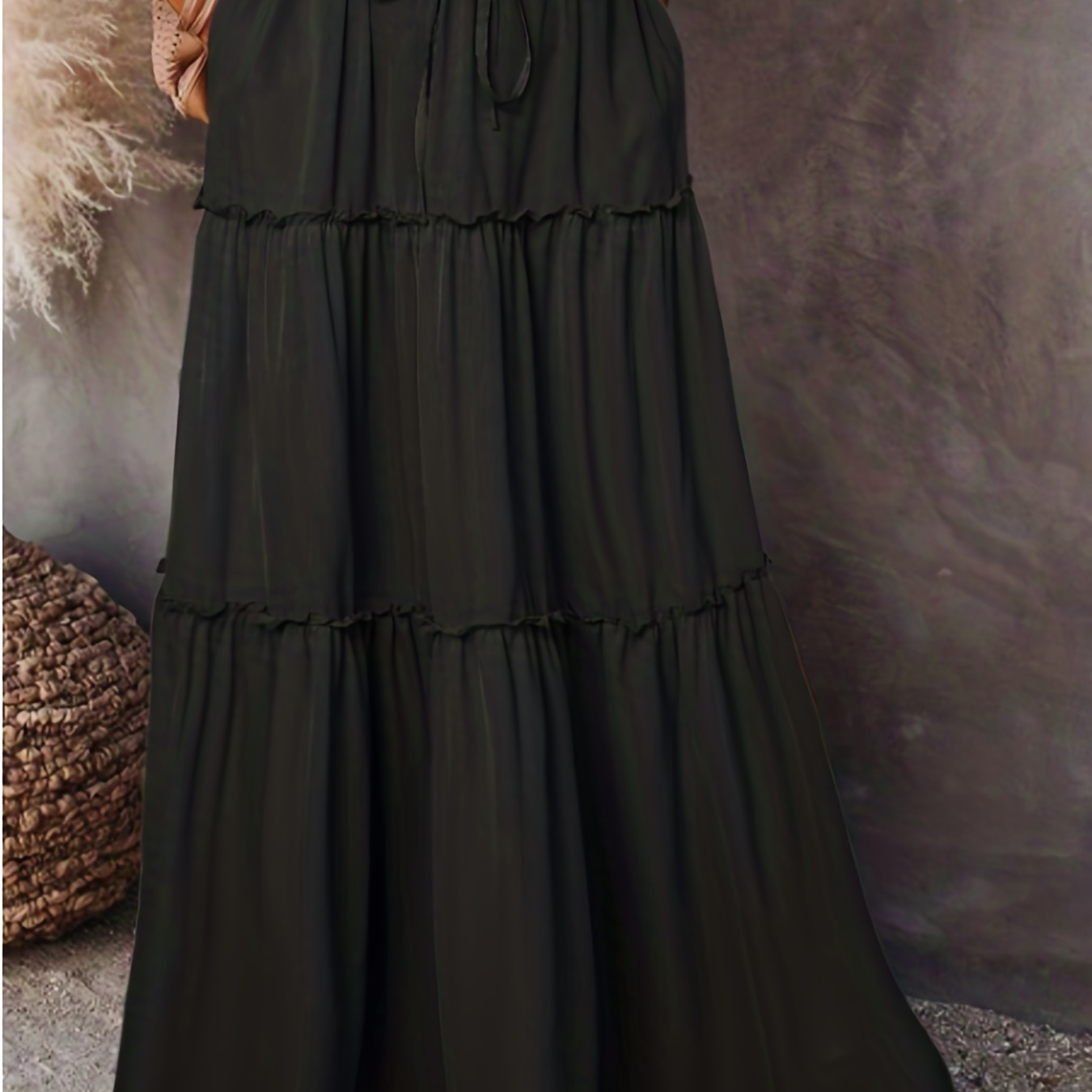 Plus Size Casual Skirt, Women's Plus Solid Elastic Drawstring High Rise Slight Stretch Smock Maxi Skirt