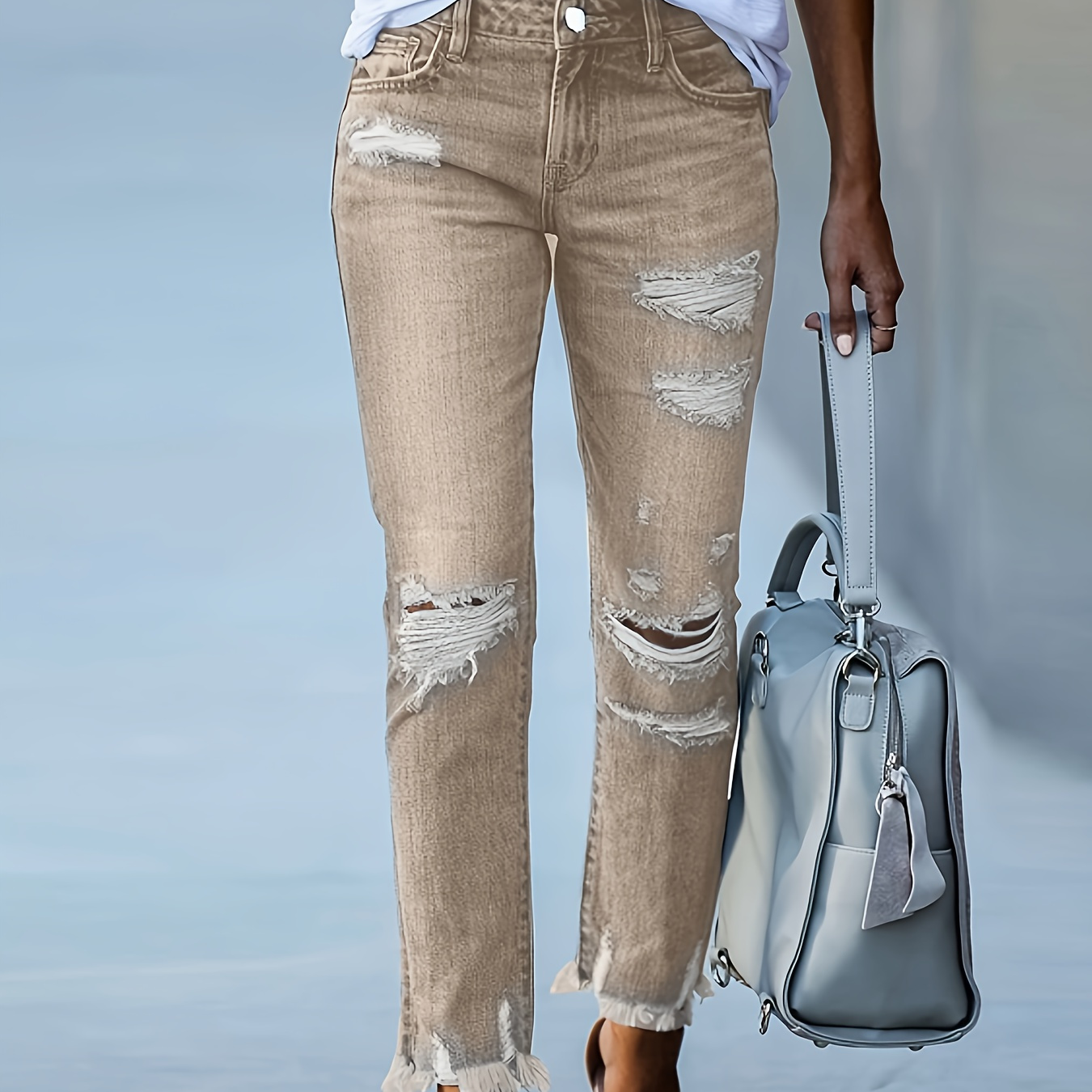 

Style de rue pour femmes Jeans denim mi-hauteur, couleur unie, taille crop de 9 pouces, élasticité moyenne, fermeture éclair, tissu, ceinture, détail poche, pour sorties - Toutes les