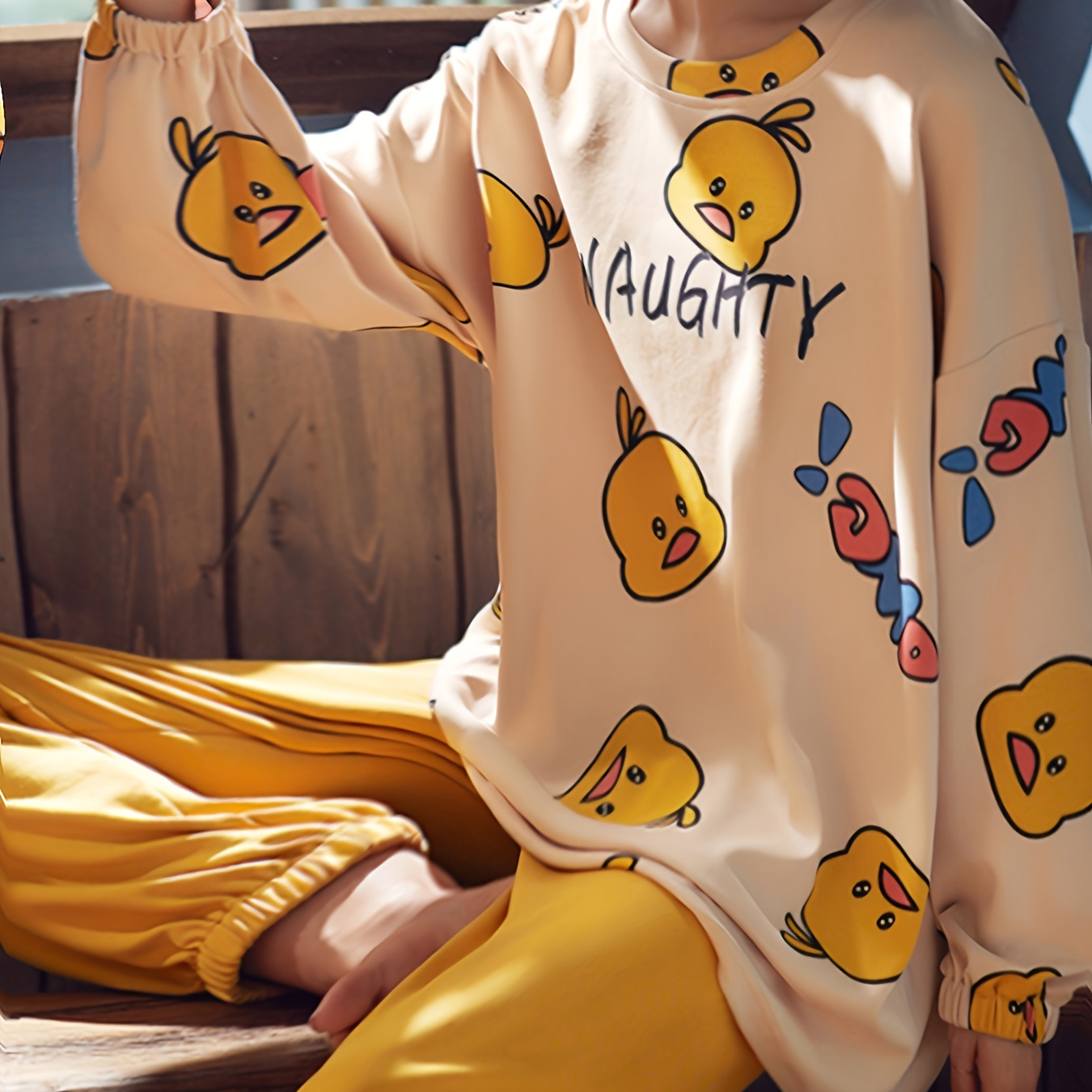 

1set Women's Cute Cartoon Duck Print Long Sleeve Pajama Set, Casual Round Neck Pullover Top With Cuffed Ankle Pants, Polyester Knit Sleepwear For Adults, Autumn/winter Loungewear Set