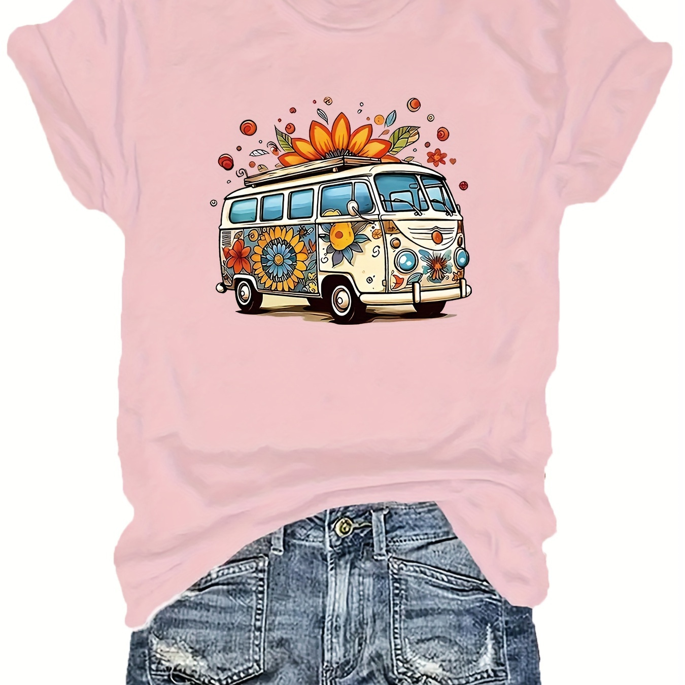 

Plus Size Floral Bus Print T-shirt, Casual Crew Neck Short Sleeve T-shirt, Women's Plus Size clothing