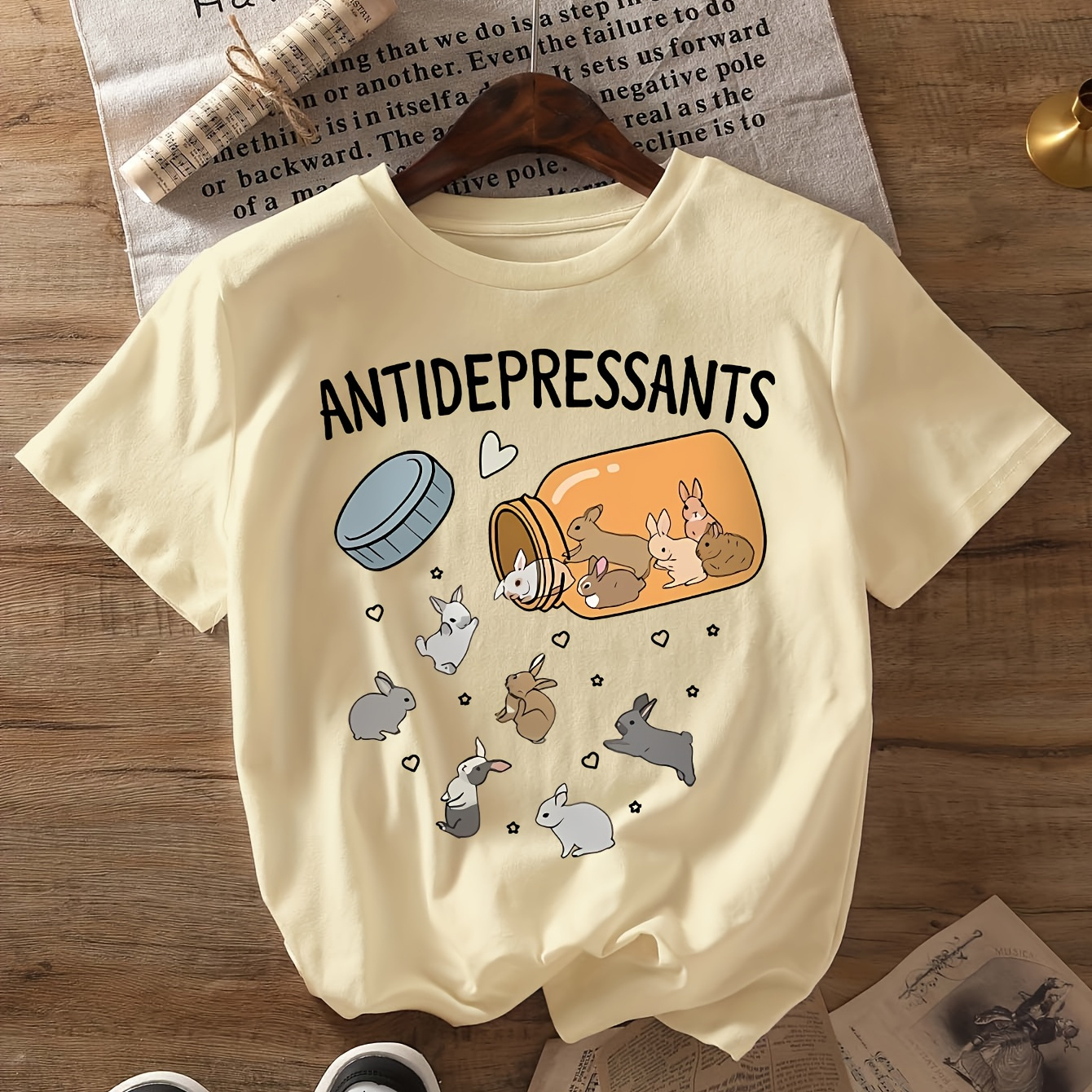 

Women's "anti Depressants" Bunny Graphic T-shirt - , Short Sleeve Crew Neck, Polyester , Machine Washable Casual Summer Top