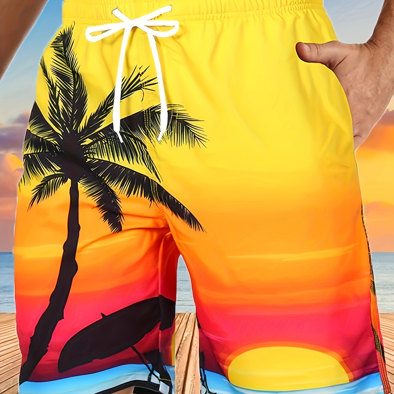 

Men's Beach Theme Sunset And Coconut Tree Pattern Shorts With Drawstring And Pockets, Trendy And Chic Shorts For Summer Beach And Holiday Wear