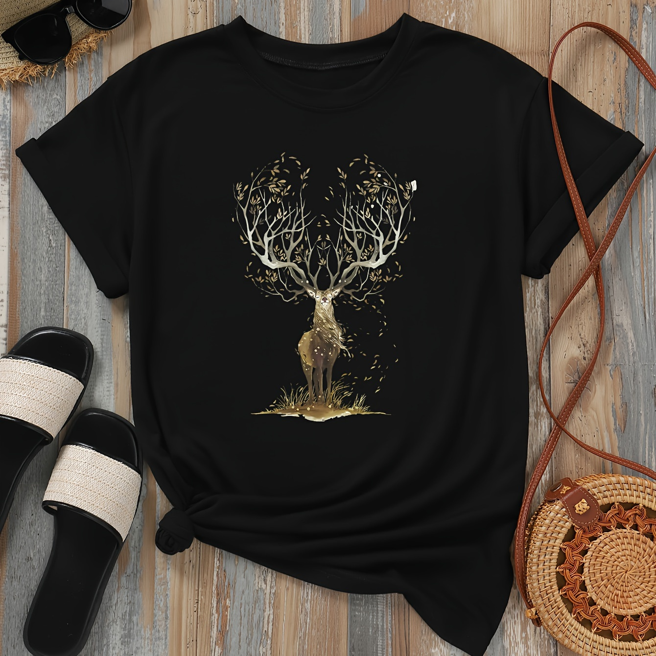 

Deer Print T-shirt, Casual Crew Neck Short Sleeve T-shirt, Women's Clothing