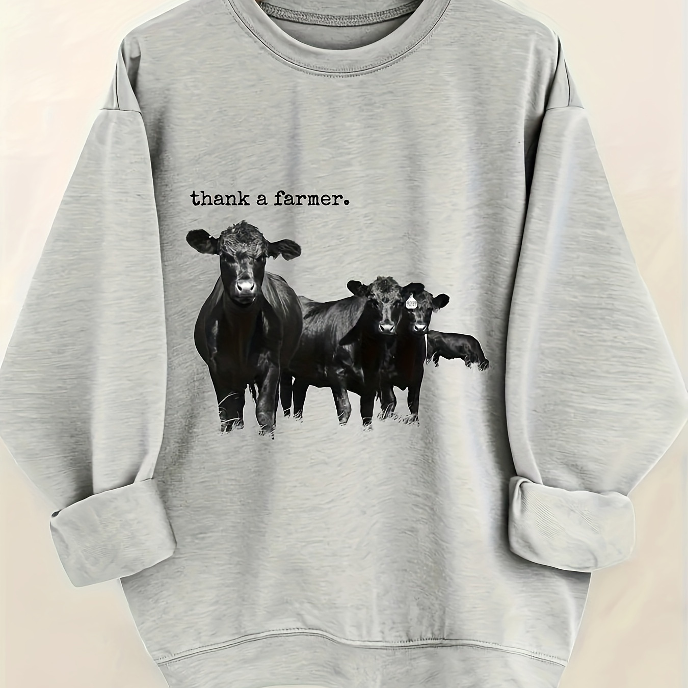 

Plus Size Thank A Farmer Print Pullover Sweatshirt, Casual Long Sleeve Crew Neck Sweatshirt For Fall & Spring, Women's Plus Size Clothing