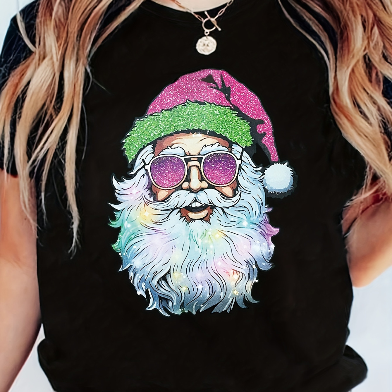 

Women's Plus Size Casual T-shirt With Santa Claus Print - Short Sleeve, Round Neck, Semi-sheer Polyester Top For Summer