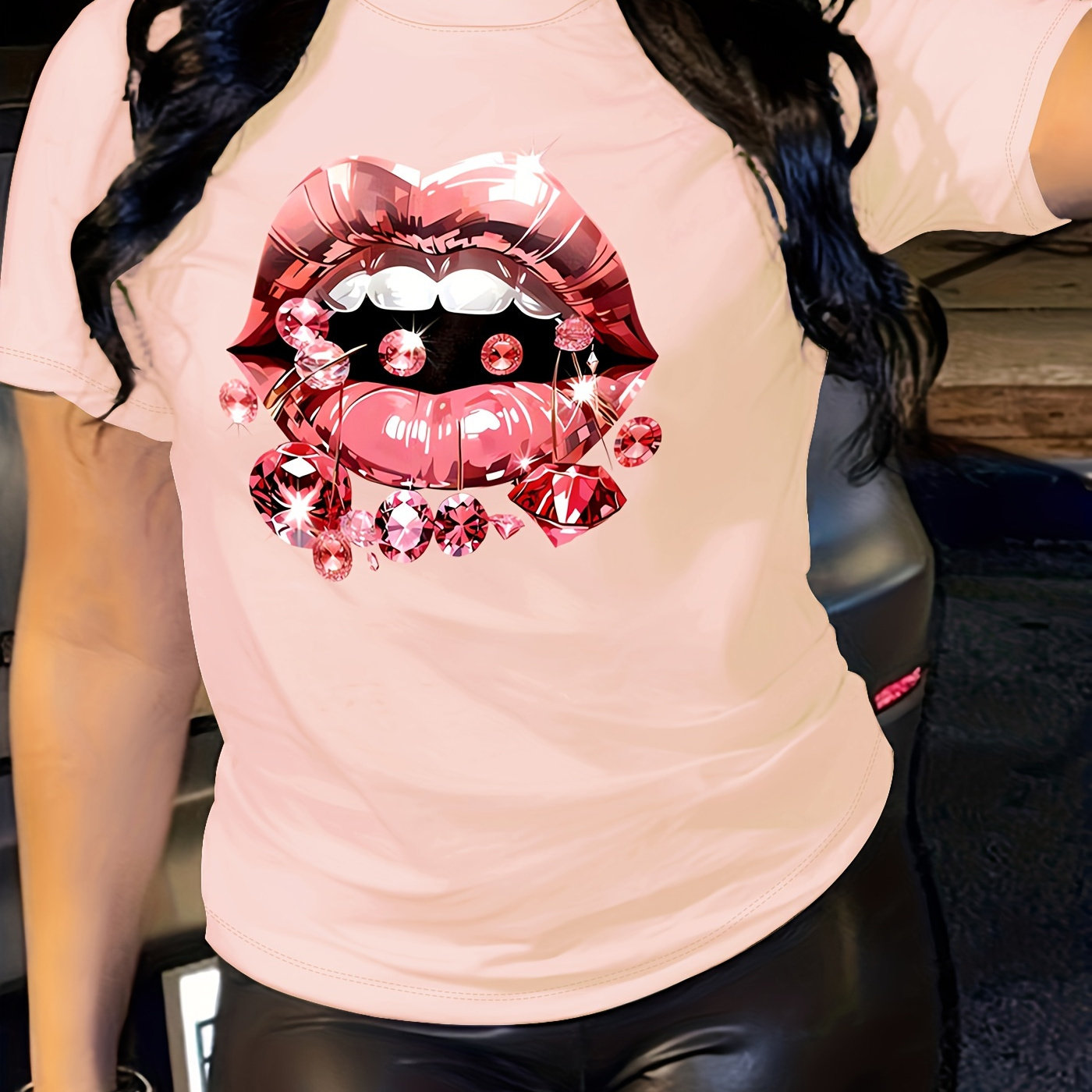 

Lip Print T-shirt, Short Sleeve Crew Neck Casual Top For Summer & Spring, Women's Clothing