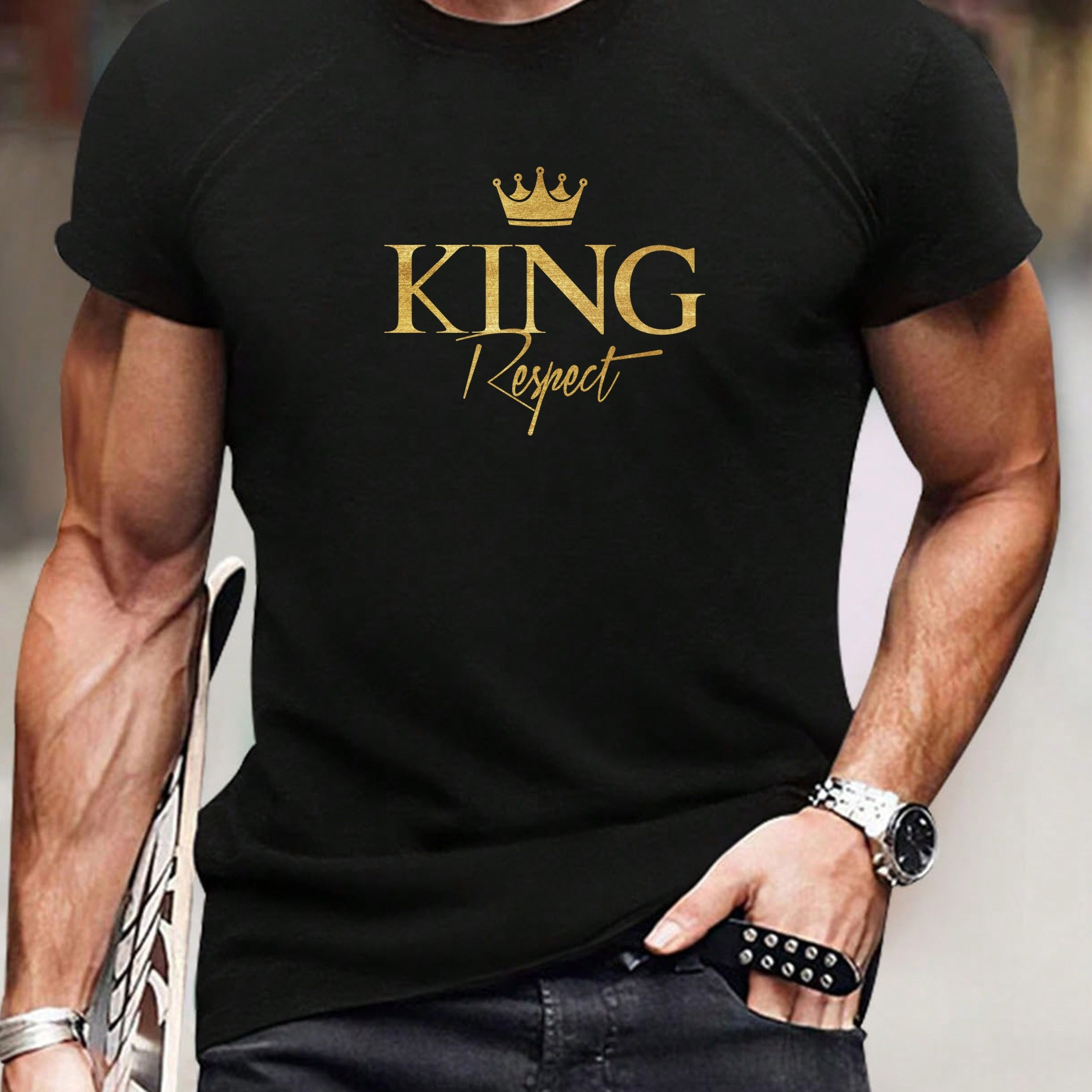 

Crown And King Respect Letter Graphic Print Men's Creative Top, Casual Slightly Stretch Short Sleeve Crew Neck T-shirt, Men's Tee For Summer Outdoor