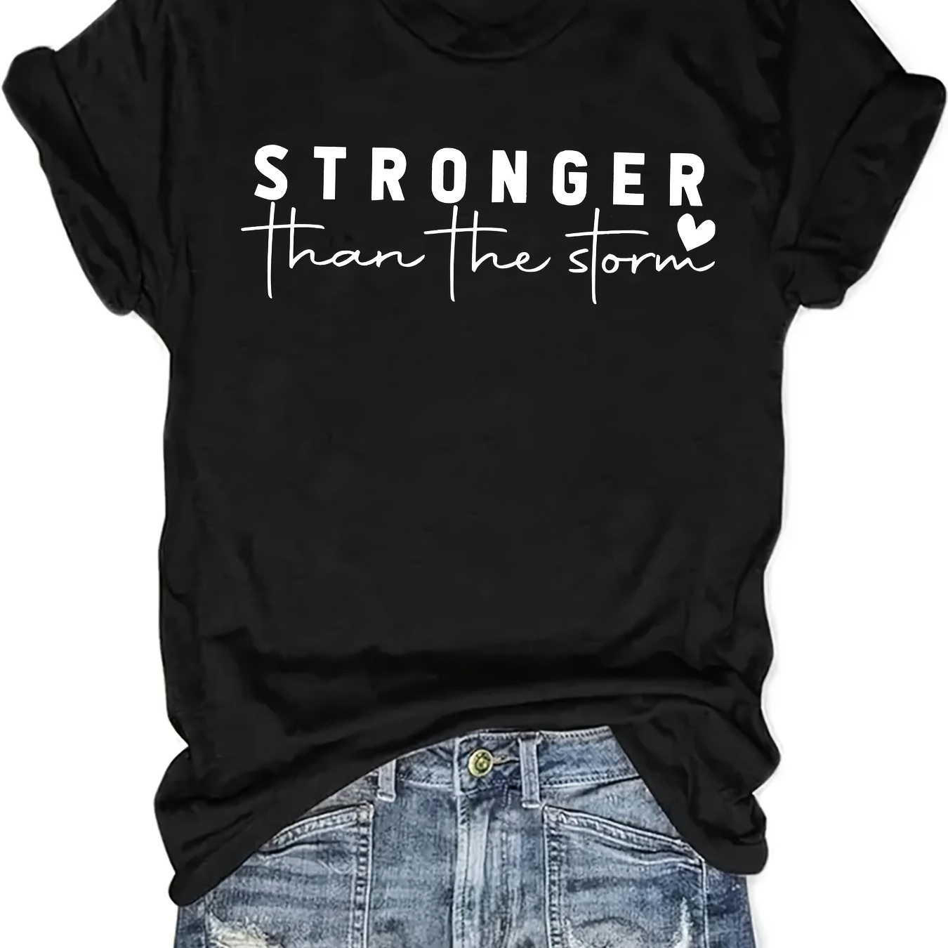 

Women's Inspirational T-shirt "stronger Than " - Polyester 60%, Rayon 35%, Spandex 5% - Casual Crew Neck Short Sleeve Top With Slight Stretch - All Season Knit Fabric Pullover - Regular Fit & Length