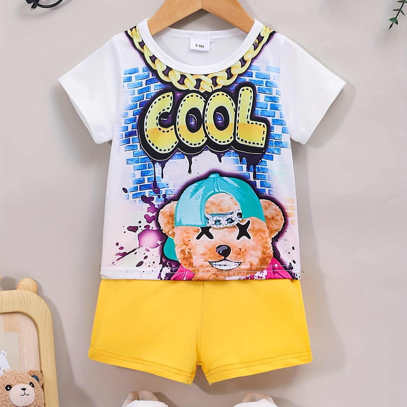 

2pcs Baby's Cool Street Style Bear Print Summer Set, T-shirt & Shorts, Baby Boy's Clothing, As Gift
