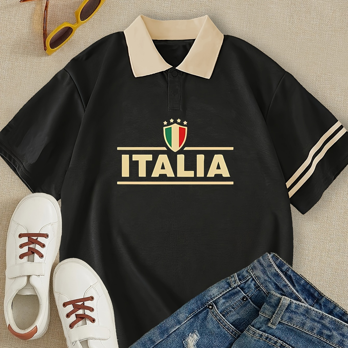 

Women's "italia" Letter Print Contrast Collar Short Sleeve Polo Shirt, Casual Style, Breathable Sports Tee