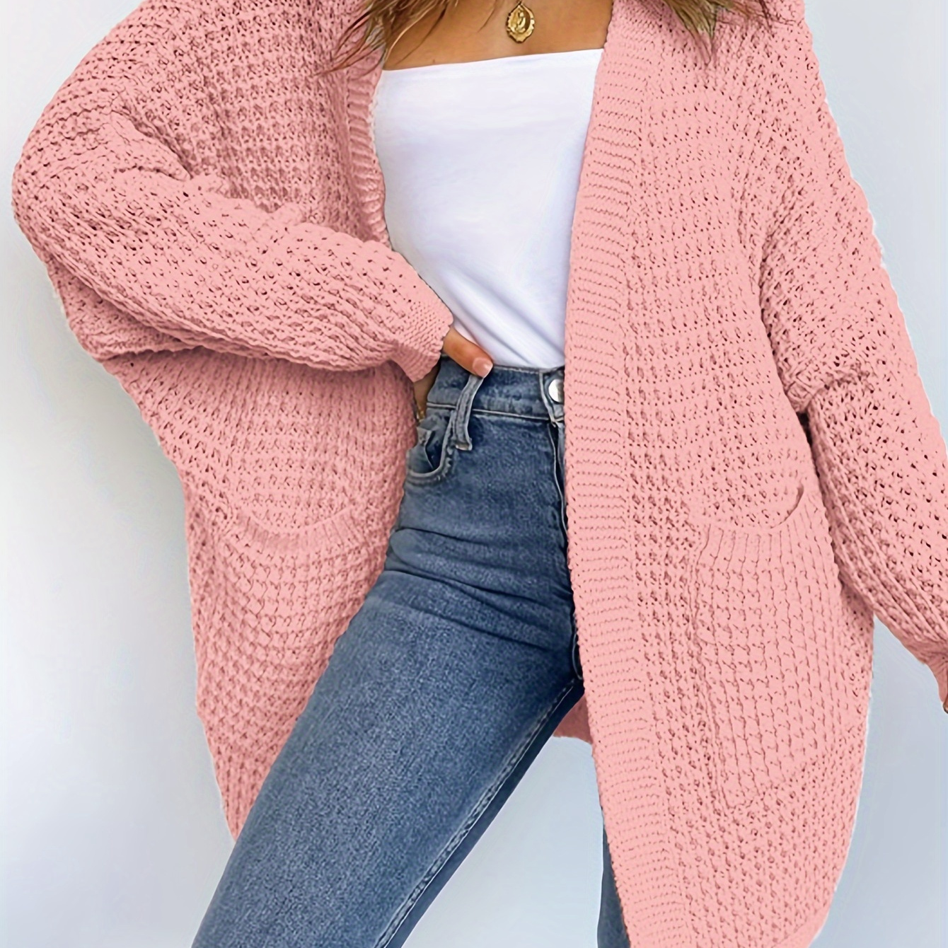 

Elegant Open Front Solid Cardigan, Long Sleeve Dual Pockets Cardigan For Fall & Winter, Women's Clothing