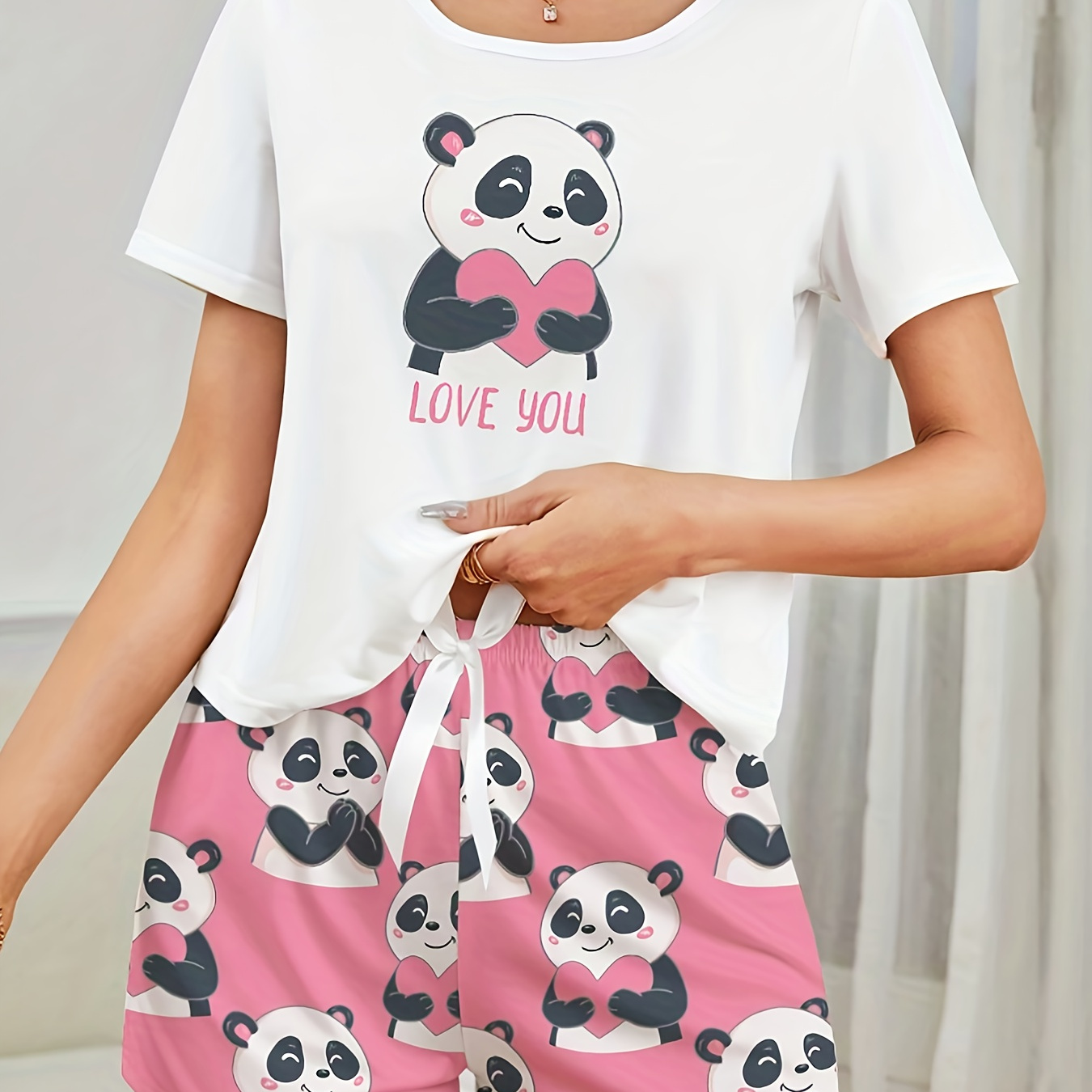 

Cute Panda With Heart & Letter Print Pajama Set, Short Sleeve Round Neck Top & Elastic Shorts, Women's Sleepwear