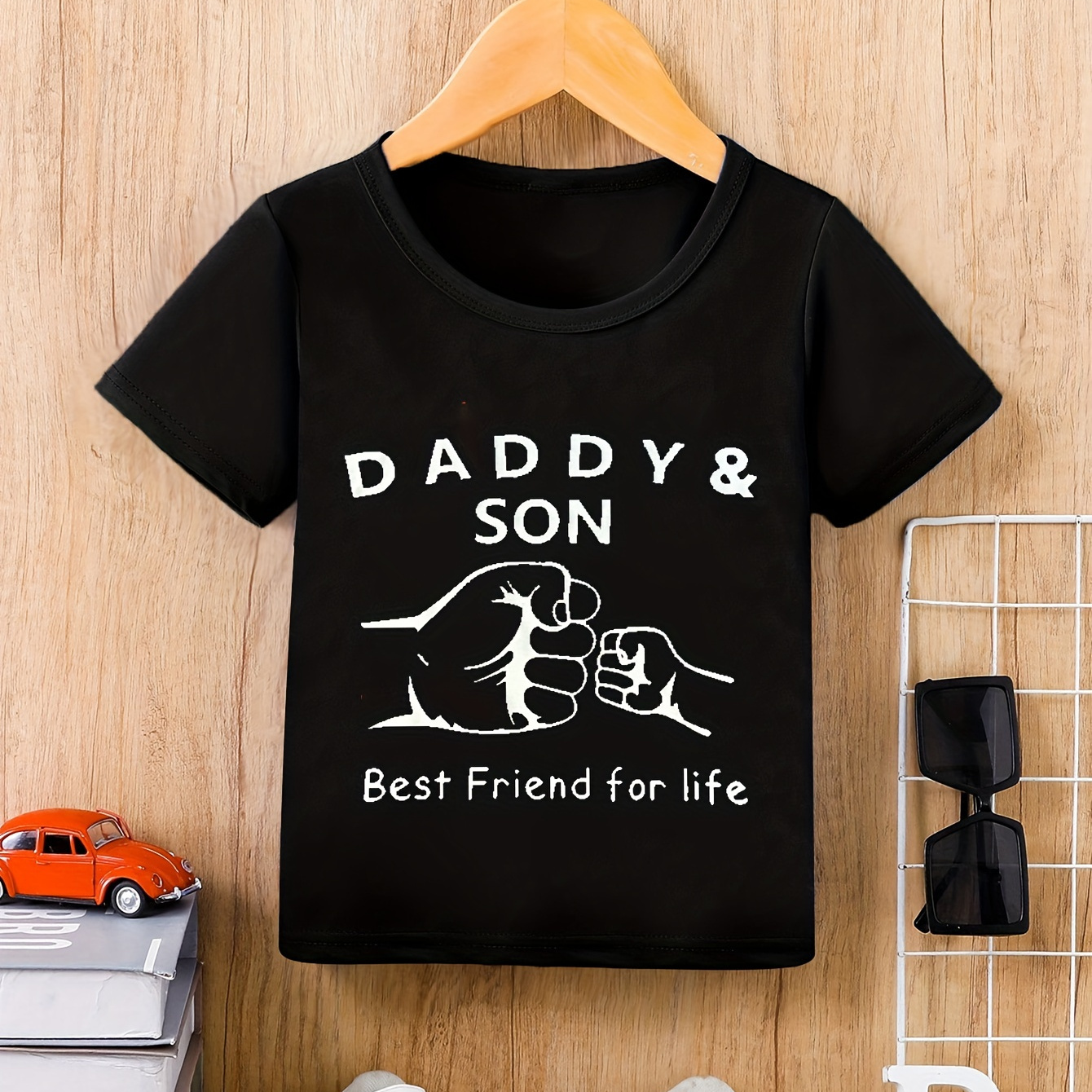 

Daddy & Son Print Boy's Casual T-shirt, Short Sleeve Comfy Tee Tops, Summer Outdoor Sports Clothing