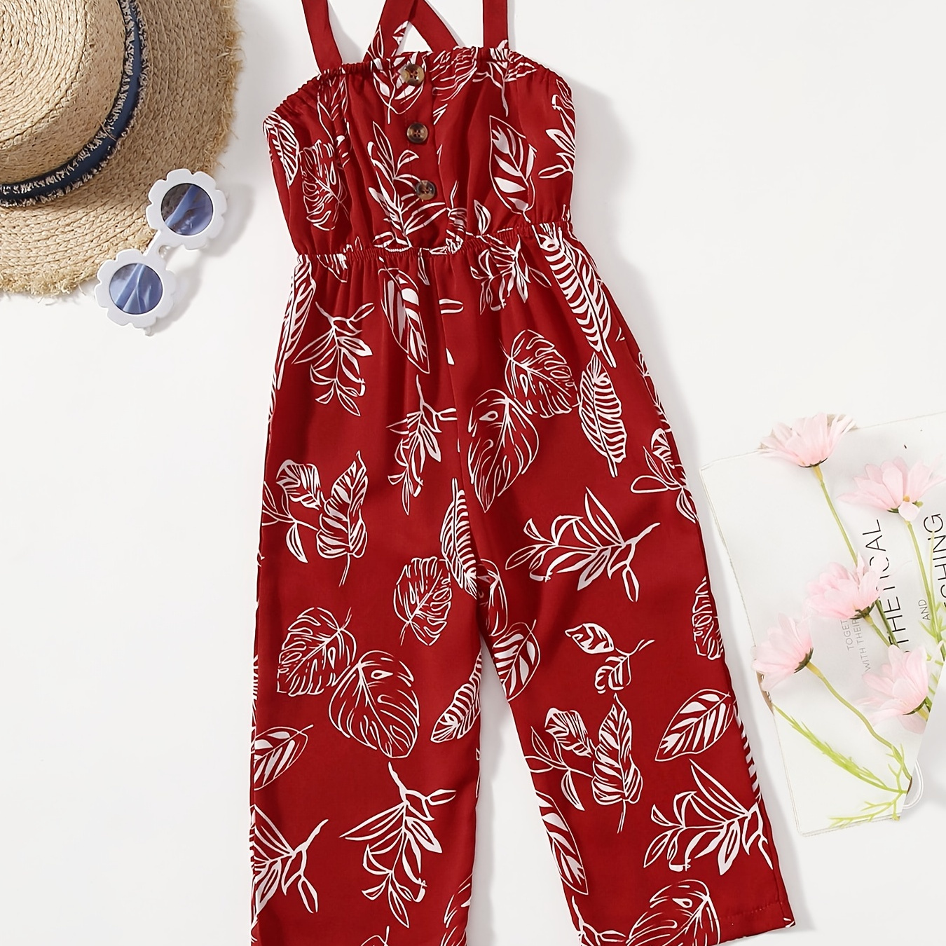 Girls Tropical Leaves Graphic Button Crisscross Back Cami Jumpsuit 