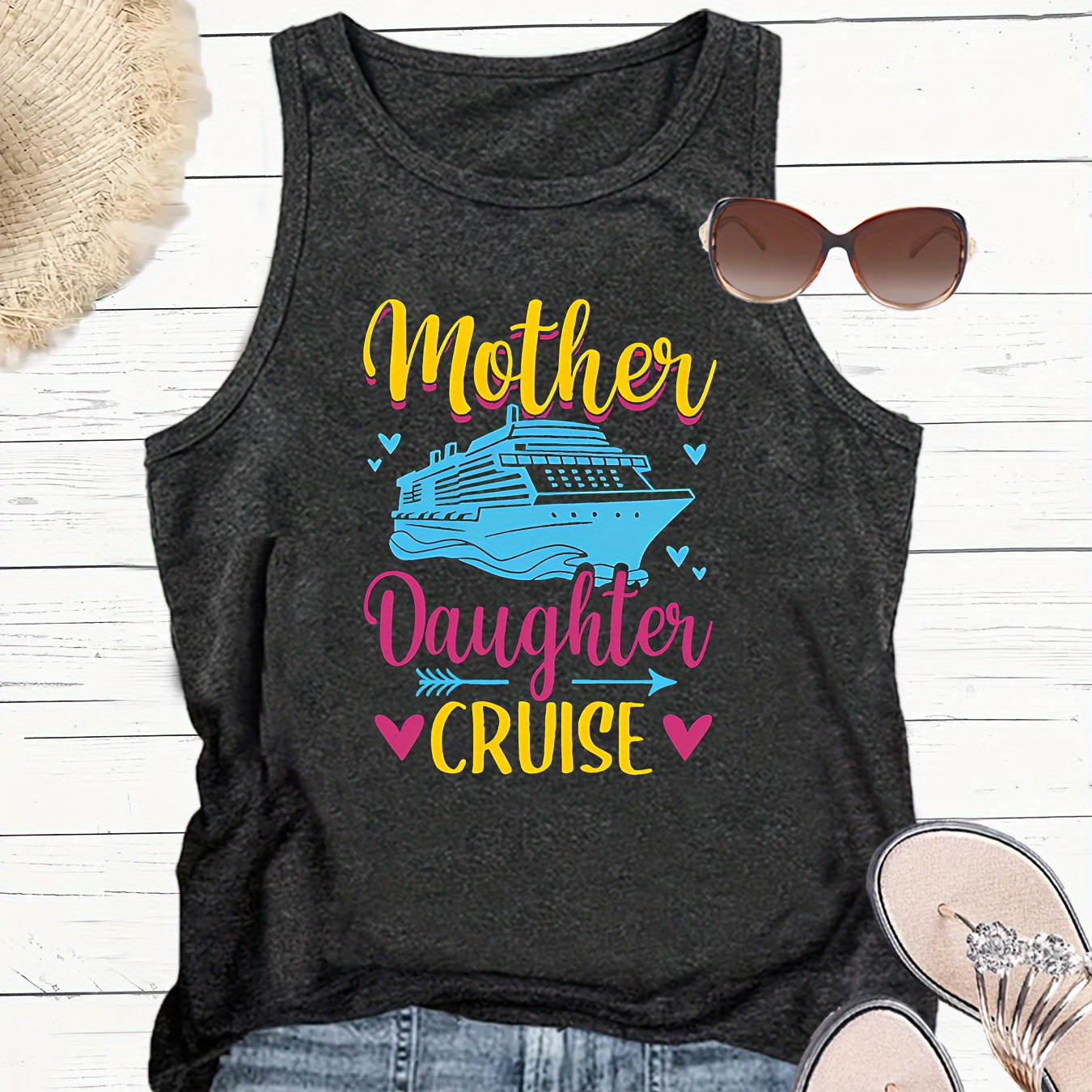 

Family Cruise Print Crew Neck Tank Top, Casual Sleeveless Tank Top For Summer, Women's Clothing