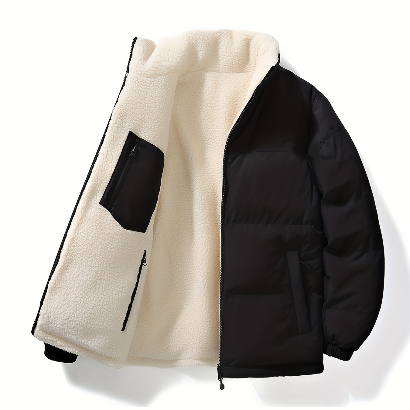 

Veste Doublée en Réversible - Manteau d'Hiver Épais et Col & Détail de Fermeture Éclair, Lavable en