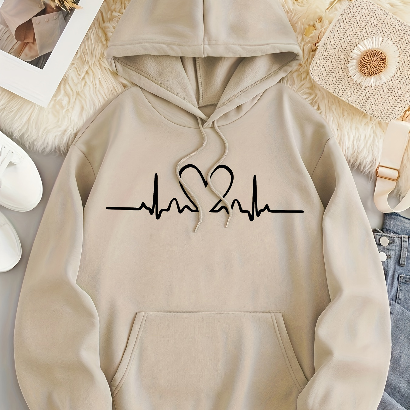 

Cozy Plus Size Hoodie For Women - Casual Fall/winter Pullover With Creative Letter Print, Kangaroo Pocket, Machine Washable