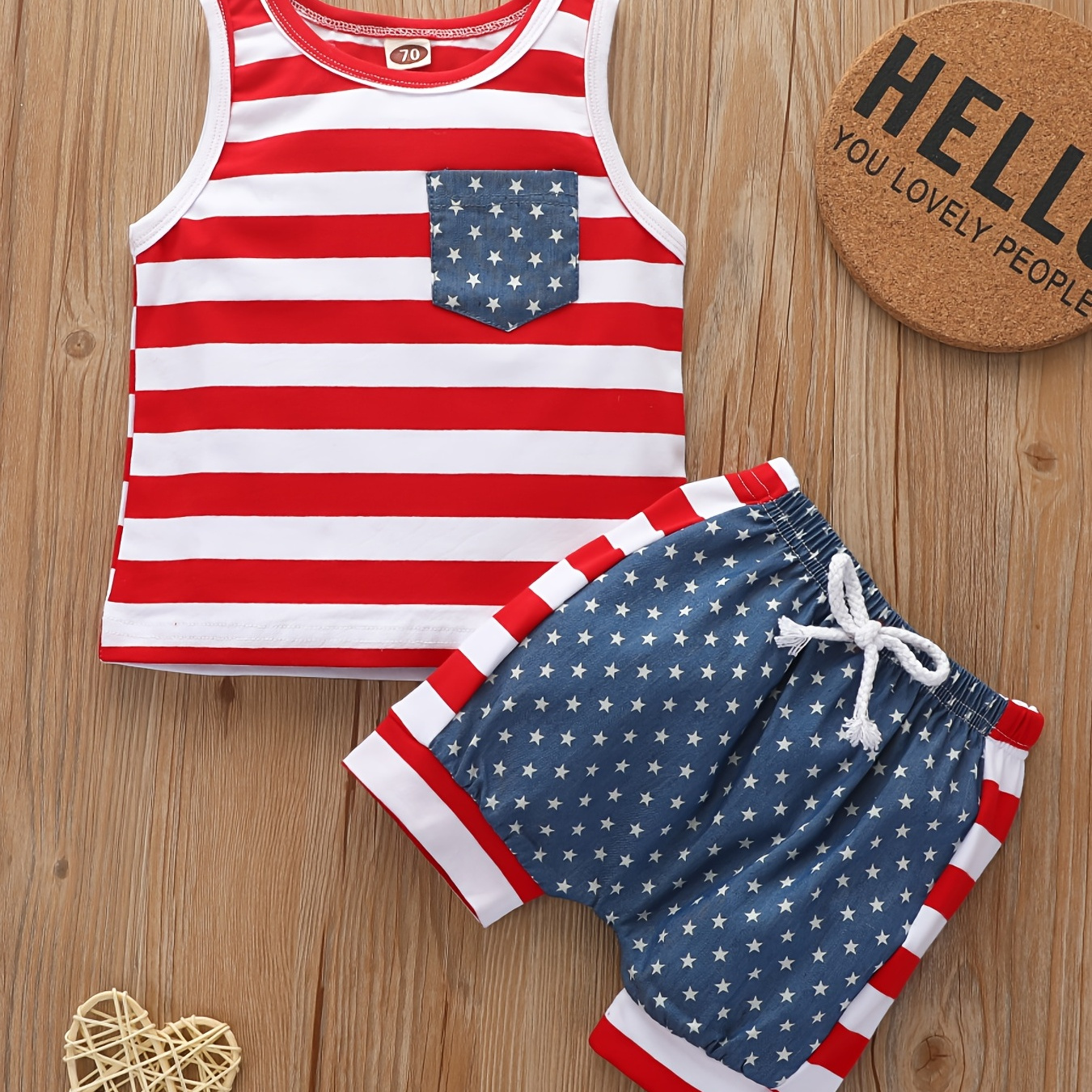 2pcs Baby Boy Summer Sets, Sleeveless Crew Neck Striped Vest Top & Elastic Waist Drawstring Shorts