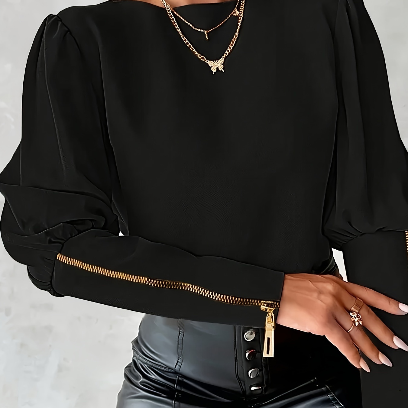 

Elegant Lantern Sleeve Blouse With Decorative Zipper Detail - Crew Neck, Long Sleeve, Polyester - Machine Washable - Women'