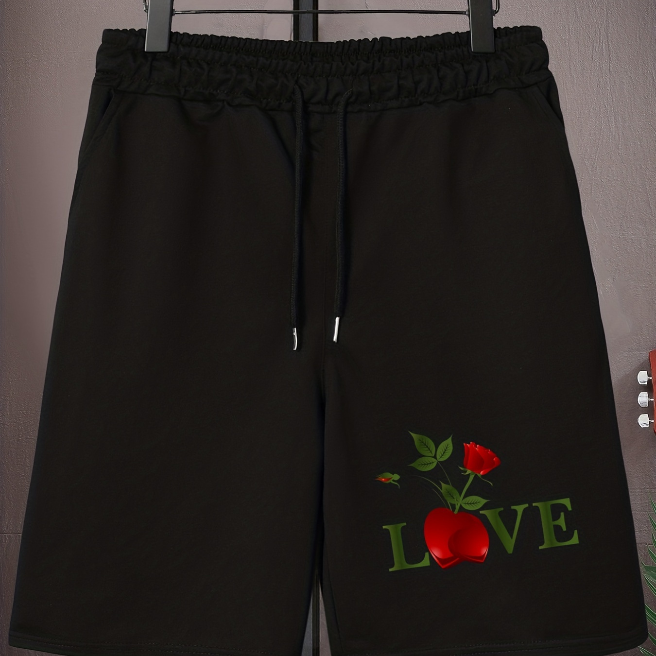 Men's Plus Size Drawstring Shorts, LOVE & Rose Print Oversized Elastic Short Sports Pants For For Big And Tall Guys, Spring & Summer Clothing