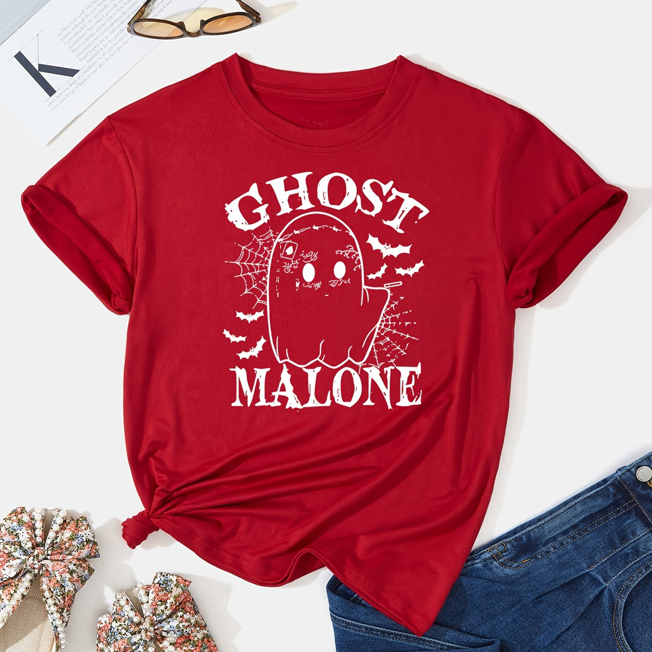 

Plus Size Halloween Casual T-shirt, Women's Plus Cute Ghost & Letter Print Short Sleeve Round Neck T-shirt