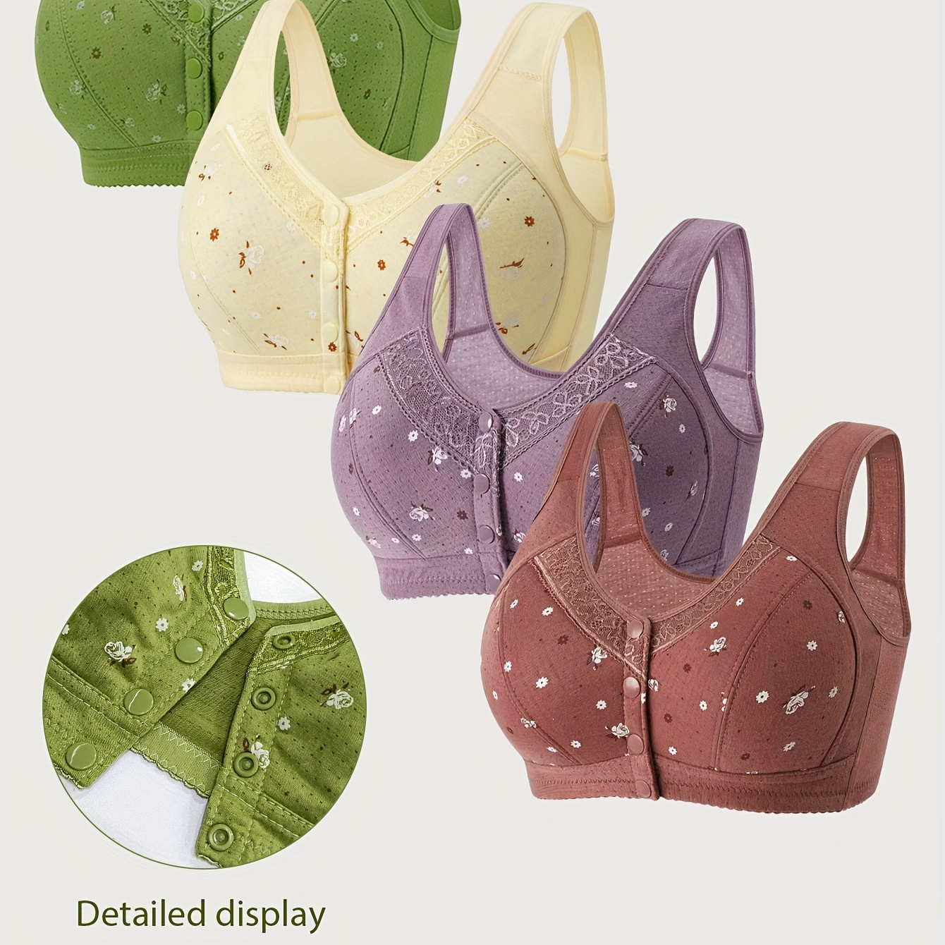 

4pcs Women's Floral Print Wireless Bras - Soft, Breathable & Comfortable With Front Closure For Easy Nursing, Steel-free, , Ways, Elegant Style