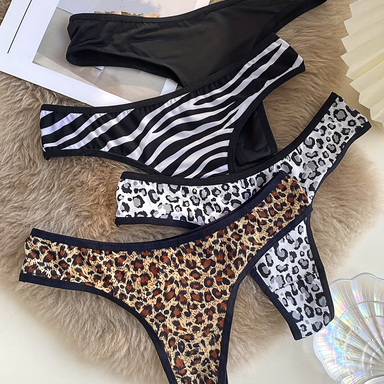 

4pcs Leopard & Zebra Print Thongs, Soft & Comfy Stretchy Intimates Panties, Women's Lingerie & Underwear