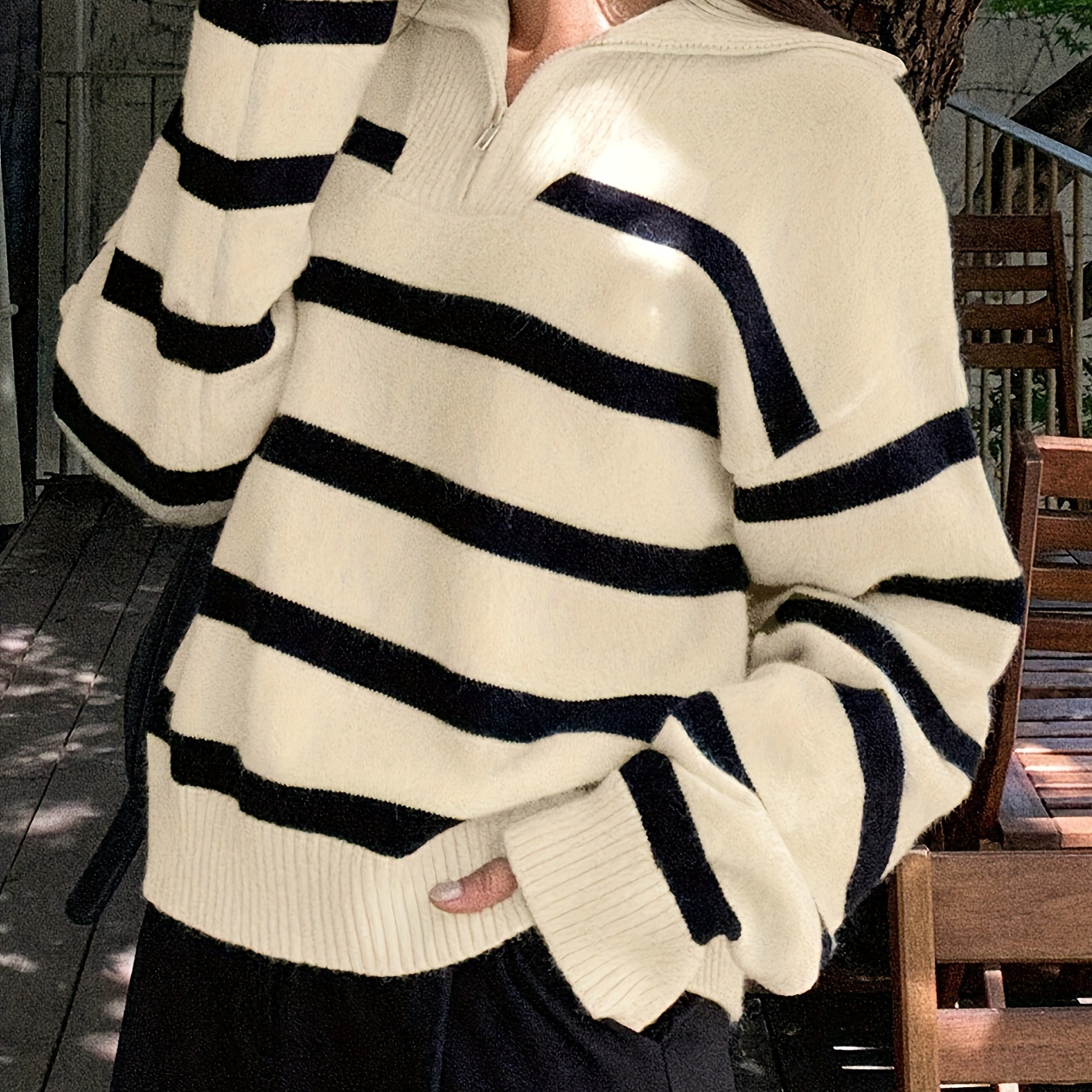 

Striped Zip Up Sweater, Elegant Drop Shoulder Long Sleeve Sweater For Fall & Winter, Women's Clothing