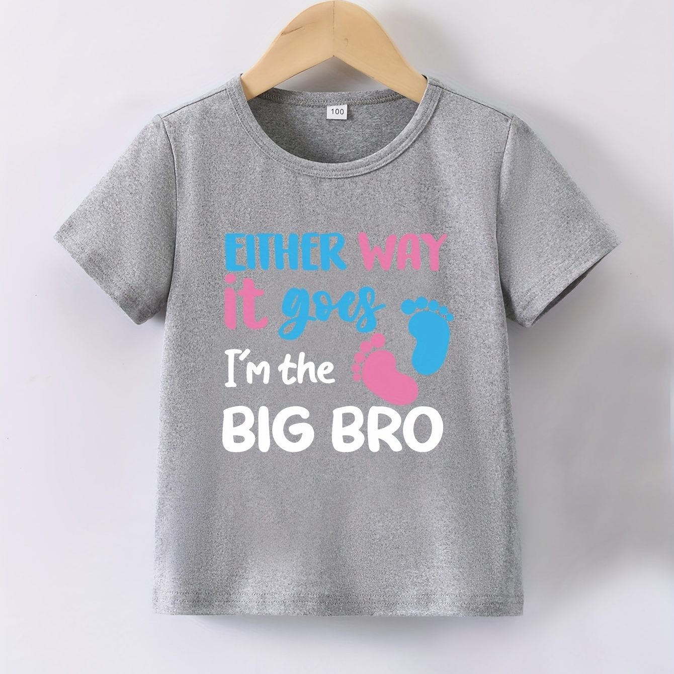 

Big Brother & Footprint Print, Boys Creative T-shirt, Comfy Crew Neck Casual , Trendy