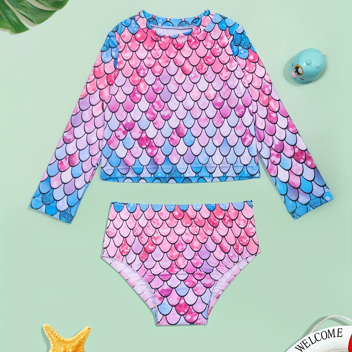 

2pcs Toddler Girls Bikini Tankini Swimsuit Fish Scale Graphic Gradient Color Long Sleeve Top & Shorts Set Kids Summer Beach Clothes Sun Protection Bathing Suits