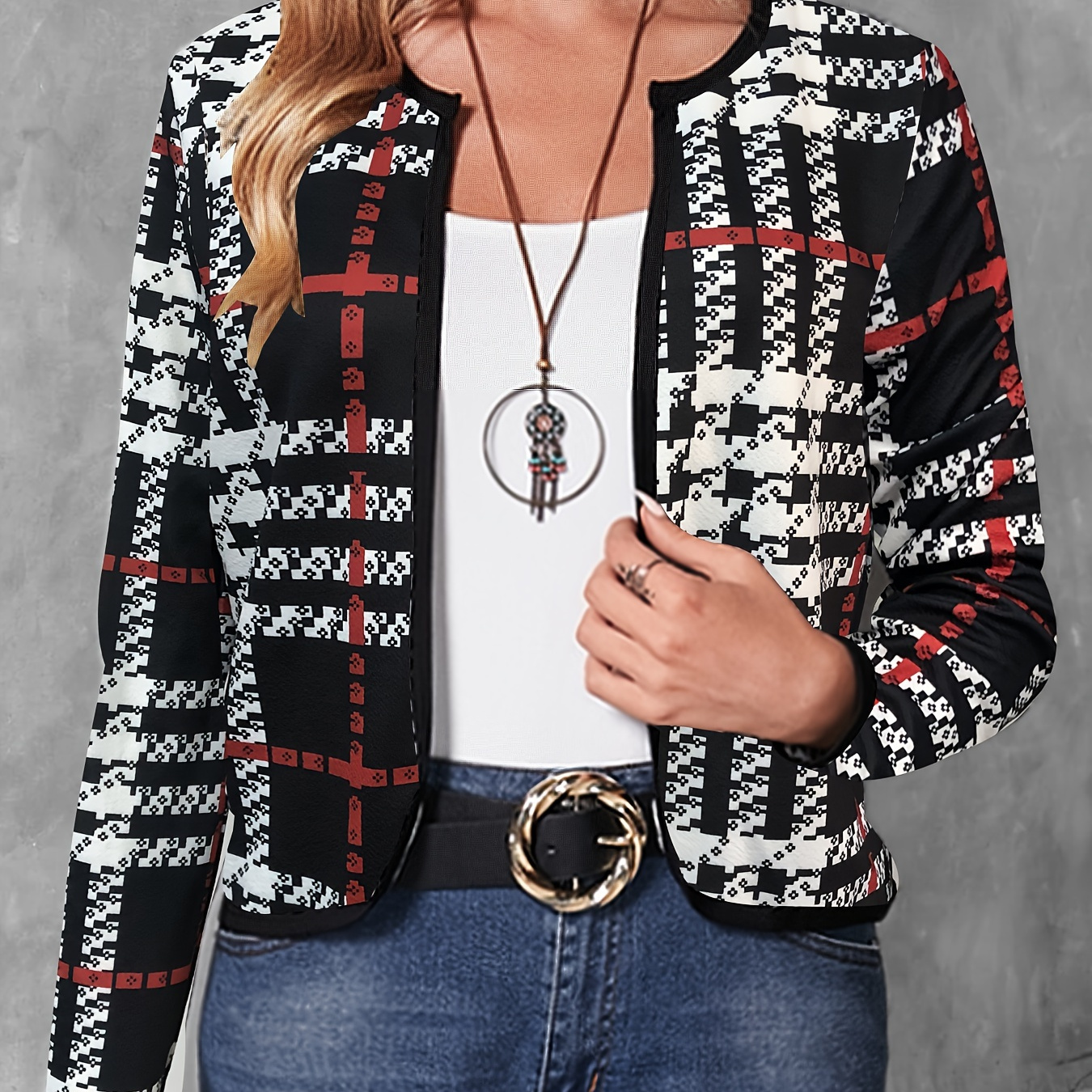 

Women's Casual Printed Jacket – Collarless Polyester Knit With Elastane, Comfortable Stretch, Easy-wear Style For All