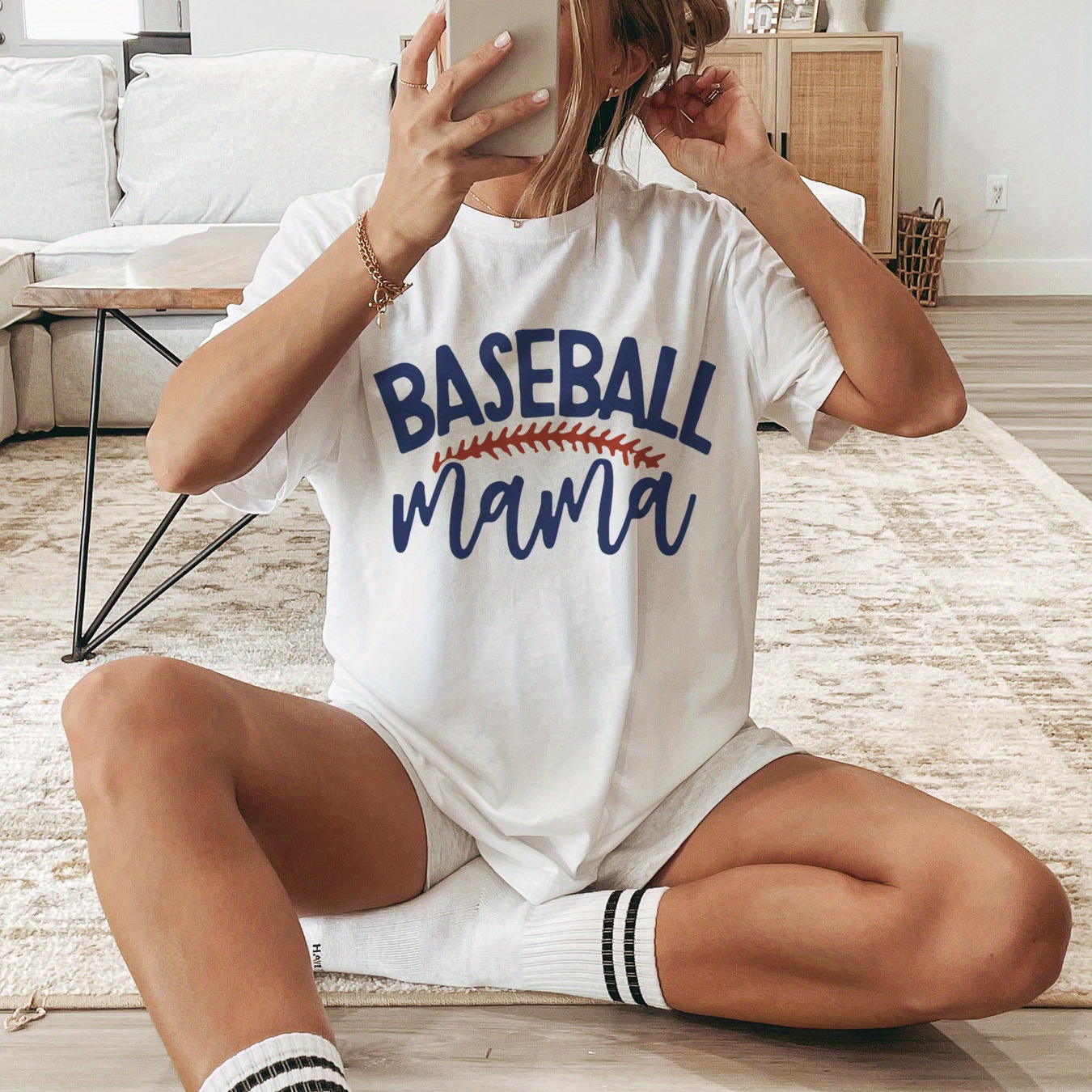 

Baseball Mama Print T-shirt, Short Sleeve Crew Neck Casual Top For Summer & Spring, Women's Clothing