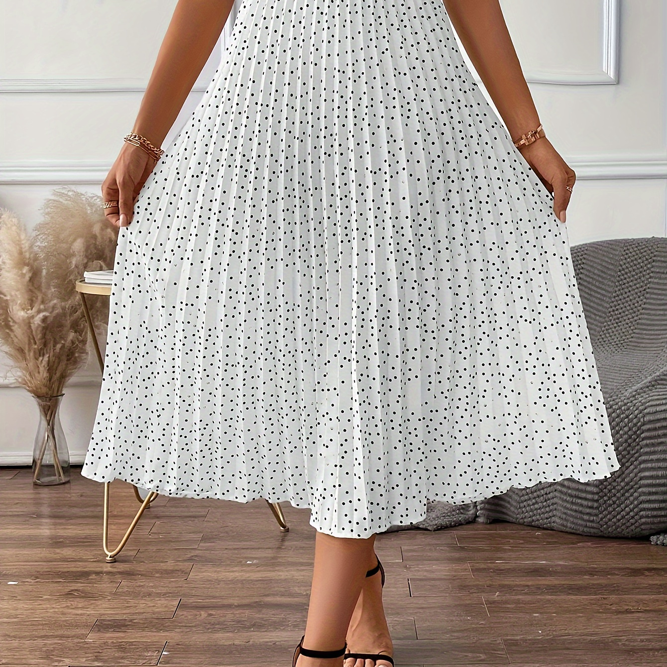

Polka Dot Pleated Midi Skirt, Elegant High-rise Contrast Trim Elastic Waist Skirt, Women's Clothing