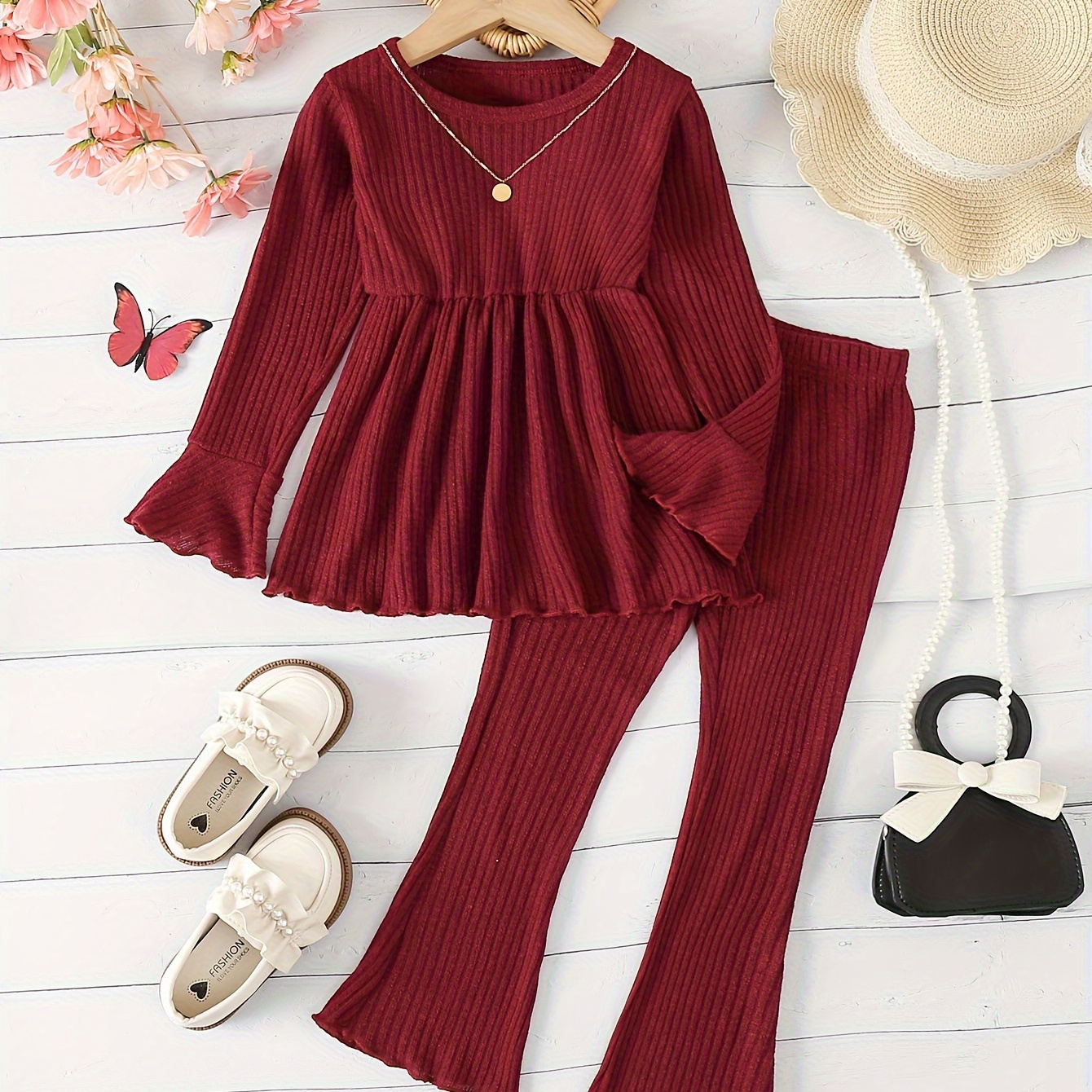 

2pcs Girls Clothes Set, Solid Color Fashion Pit Stripe Flared Long Sleeve Casual & Elastic Pullover Top & Pants Set