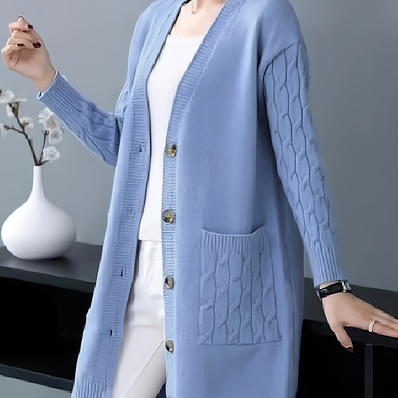 

Cable Knit Patched Pocket Cardigan, Versatile Long Sleeve Solid Color Cardigan For Spring & Fall, Women's Clothing