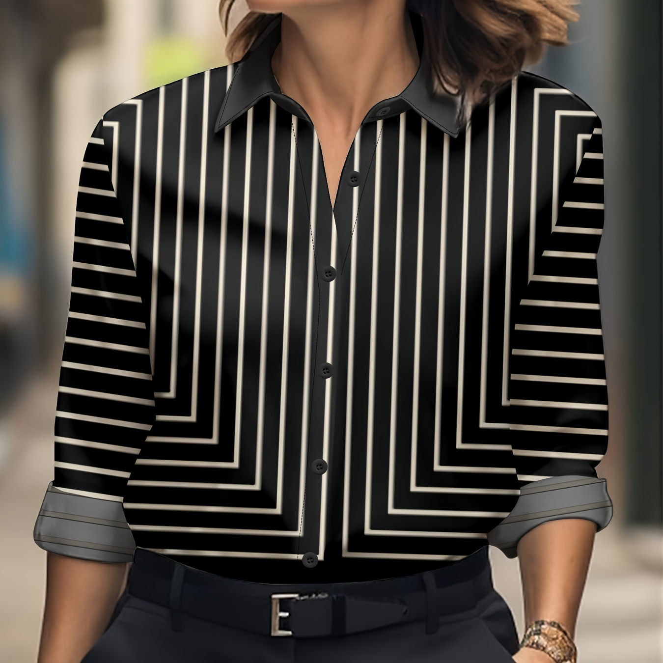 

Women's Casual Striped Button-up Shirt - Long Sleeve, Black & Vertical Stripes, Polyester , Machine Washable, Classic Collar Design, Casual Attire, Apparel | Classic Striped Shirt | Fabric