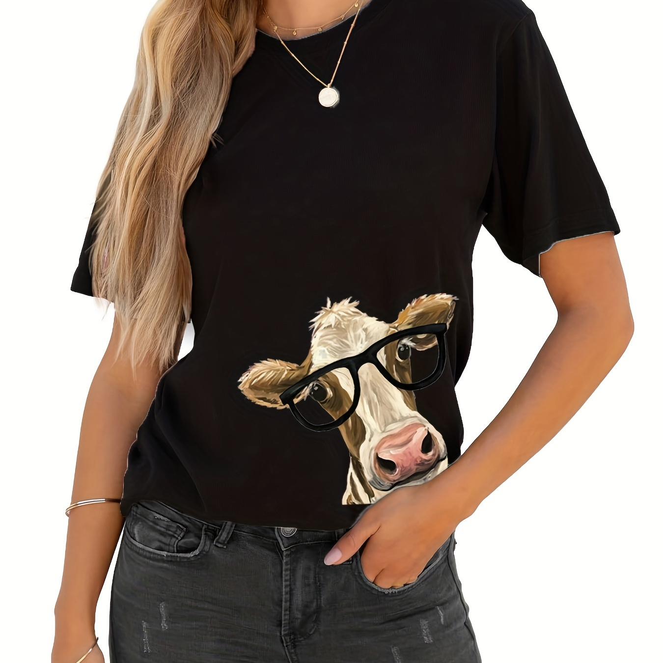 

Cow Print T-shirt, Short Sleeve Crew Neck Casual Top For Summer & Spring, Women's Clothing