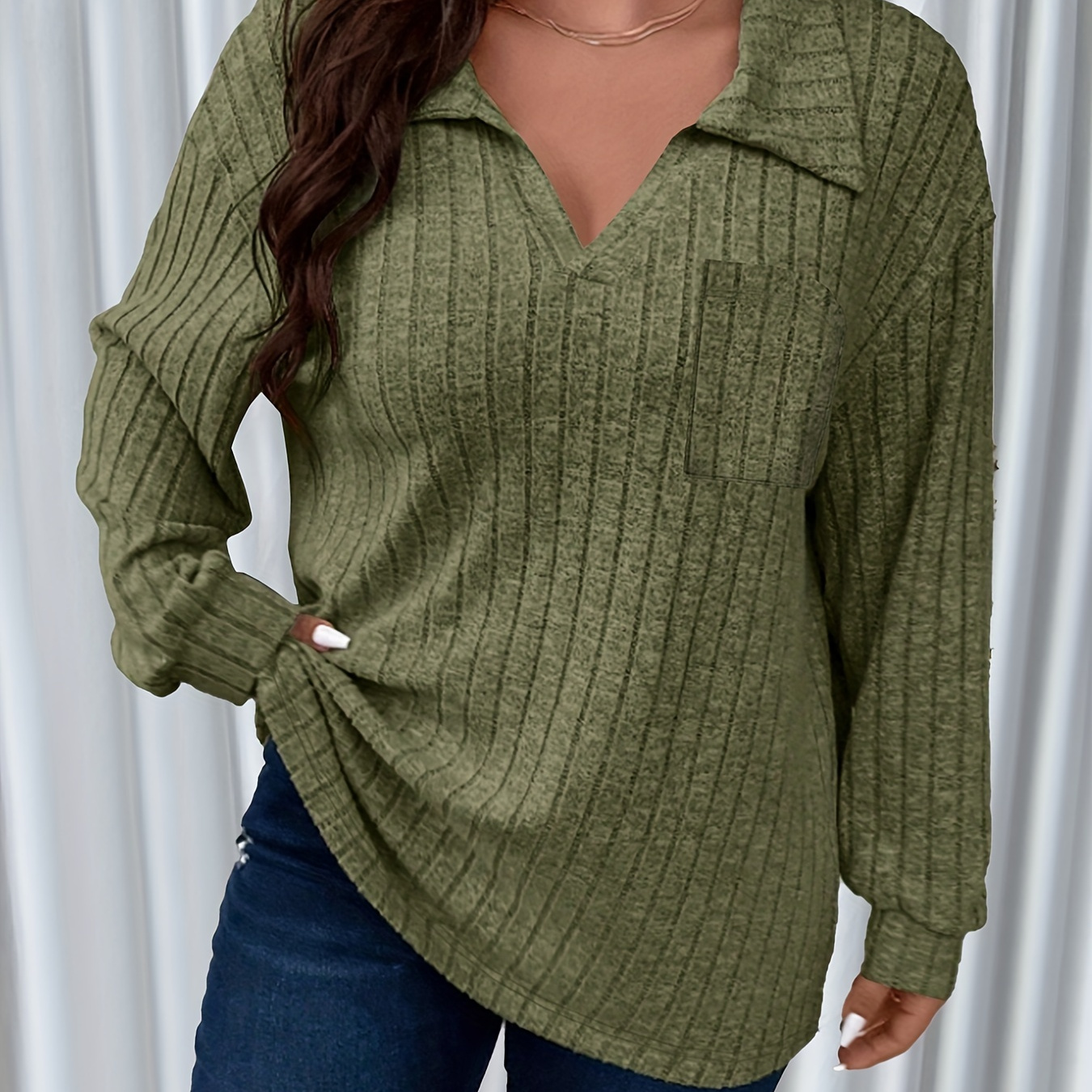 

Plus Size Casual Sweater, Women's Plus Solid Ribbed Knit Long Sleeve Turn Down Collar Pullover Jumper