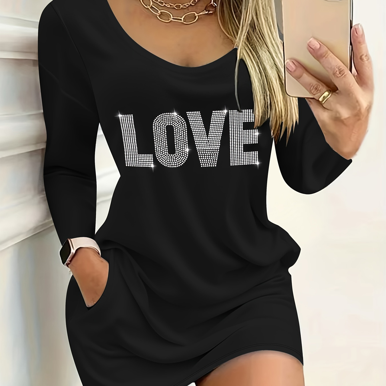 

Women's Elegant Long Sleeve "love" Rhinestone Pocket Dress, Polyester Knit Fabric, Crew Neck, Fitted Top With Alphabet Pattern, 95% Polyester 5% Spandex, 170g/m²