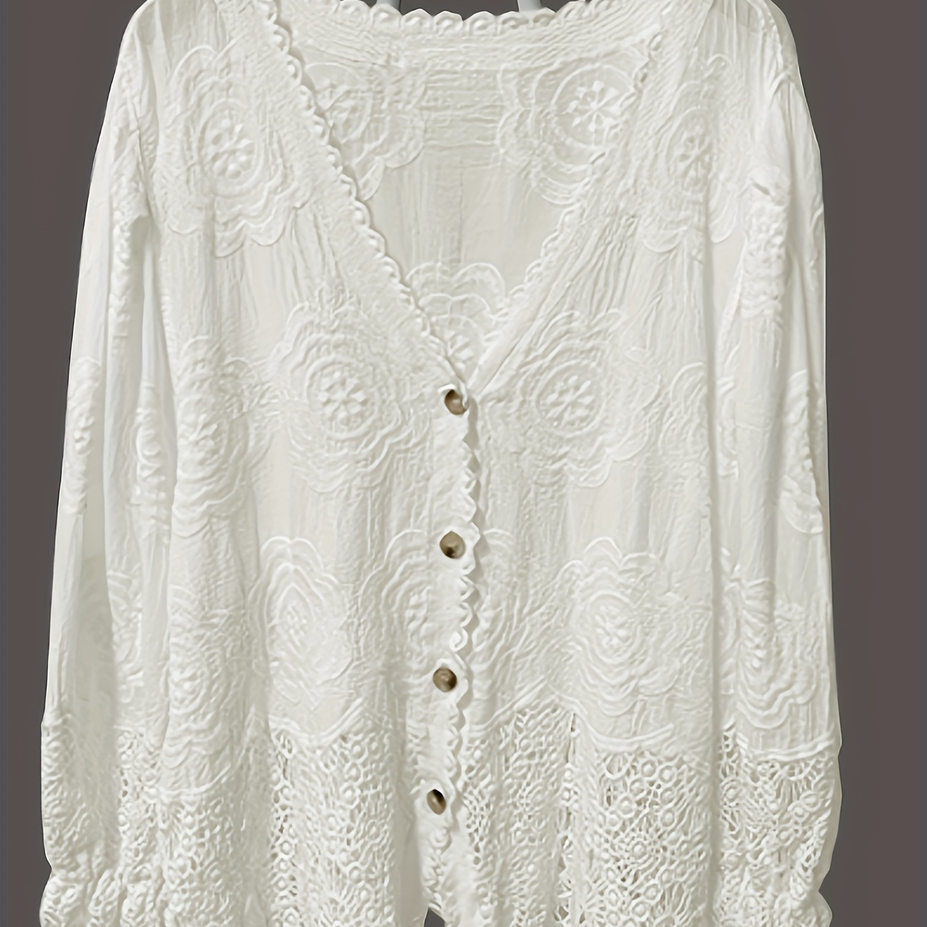 

Floral Pattern Contrast Lace Cardigan, Elegant Button Front V Neck Top For Spring & Fall, Women's Clothing